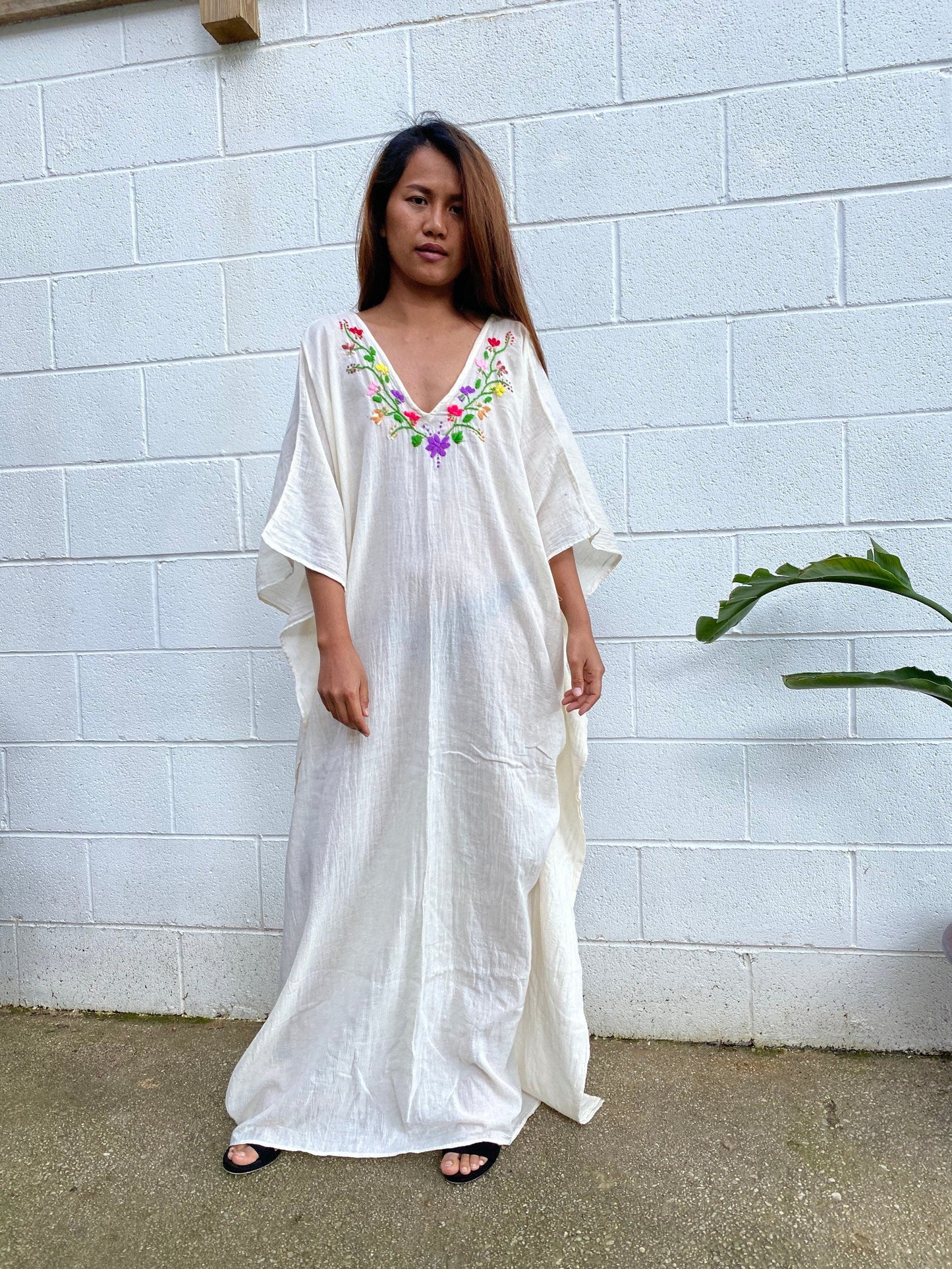MALA handworks Olena semi sheer Kaftan in White and Floral Hand Embroidery