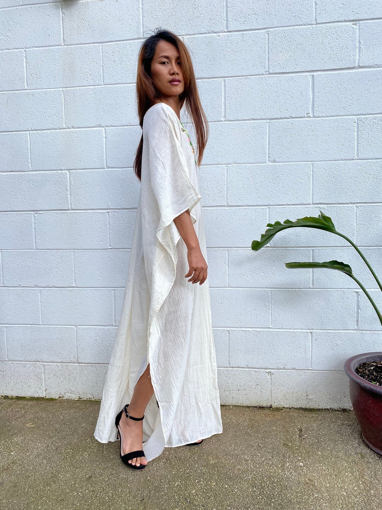 MALA handworks Olena semi sheer Kaftan in White and Floral Hand Embroidery