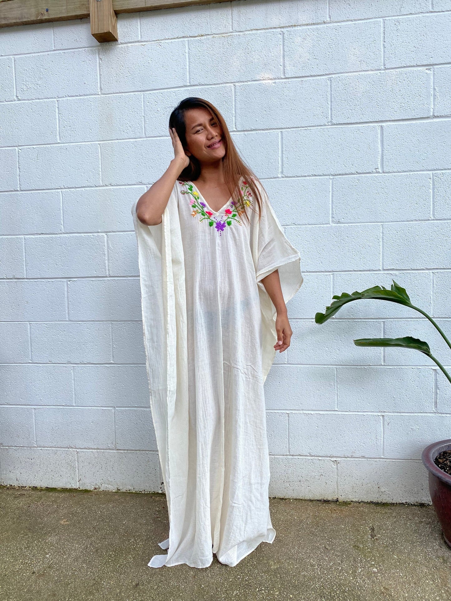 MALA handworks Olena semi sheer Kaftan in White and Floral Hand Embroidery