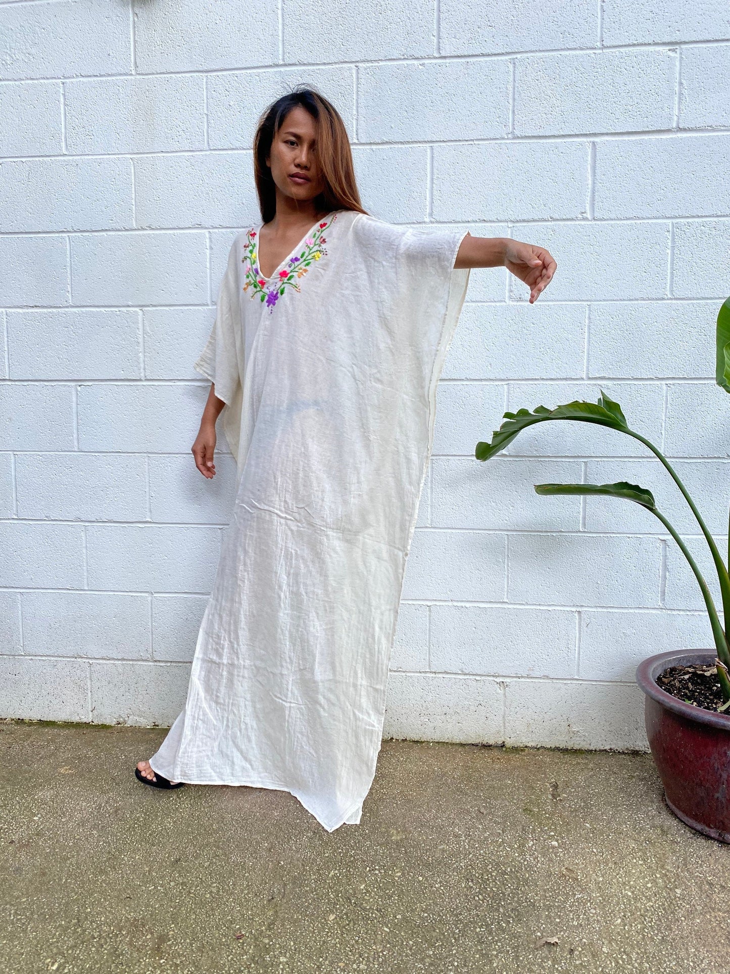 MALA handworks Olena semi sheer Kaftan in White and Floral Hand Embroidery