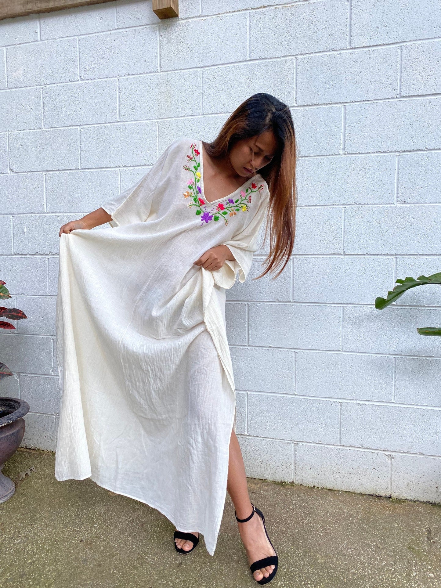 MALA handworks Olena semi sheer Kaftan in White and Floral Hand Embroidery