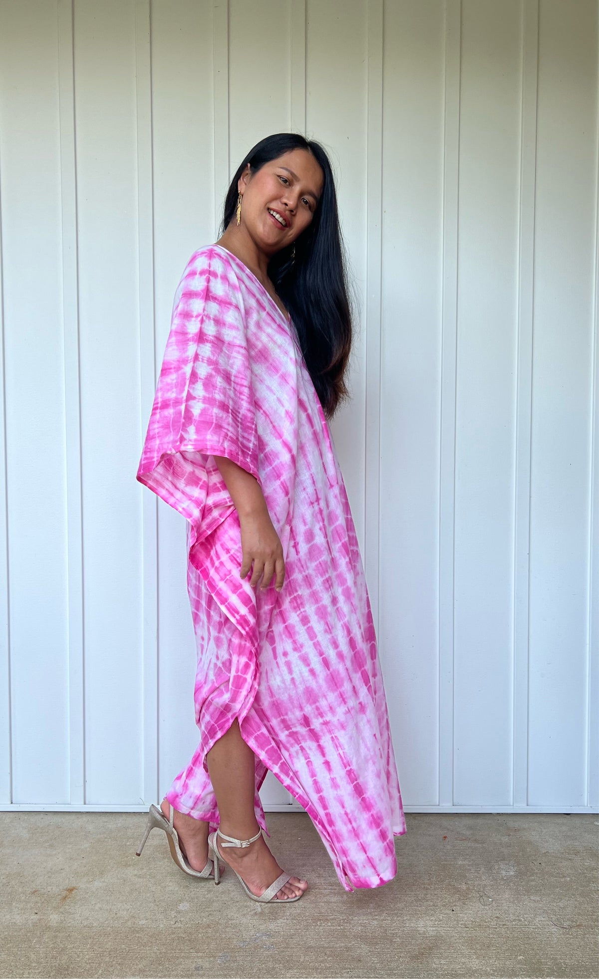 MALA handworks Olena semi sheer Kaftan in White and Pink Tie Dye