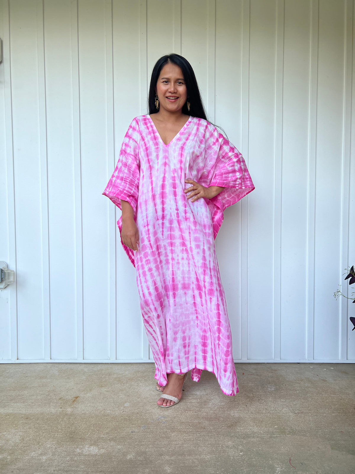 MALA handworks Olena semi sheer Kaftan in White and Pink Tie Dye