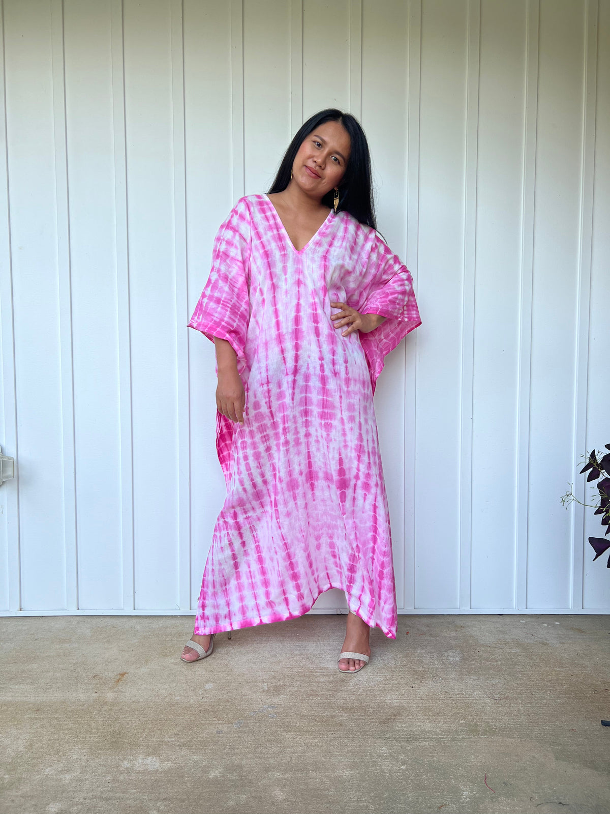 MALA handworks Olena semi sheer Kaftan in White and Pink Tie Dye