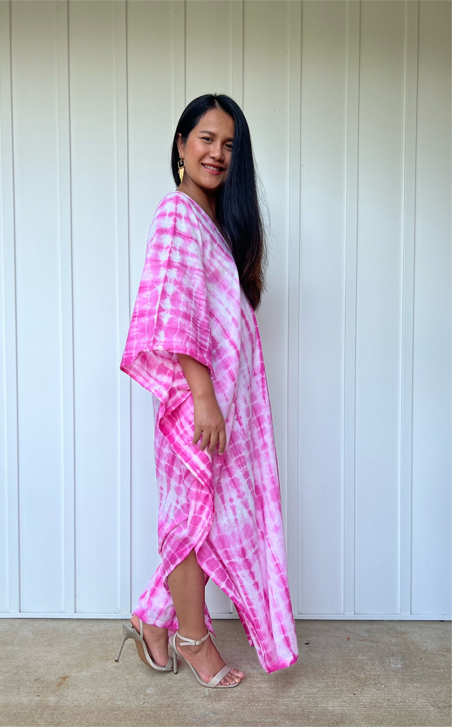 MALA handworks Olena semi sheer Kaftan in White and Pink Tie Dye