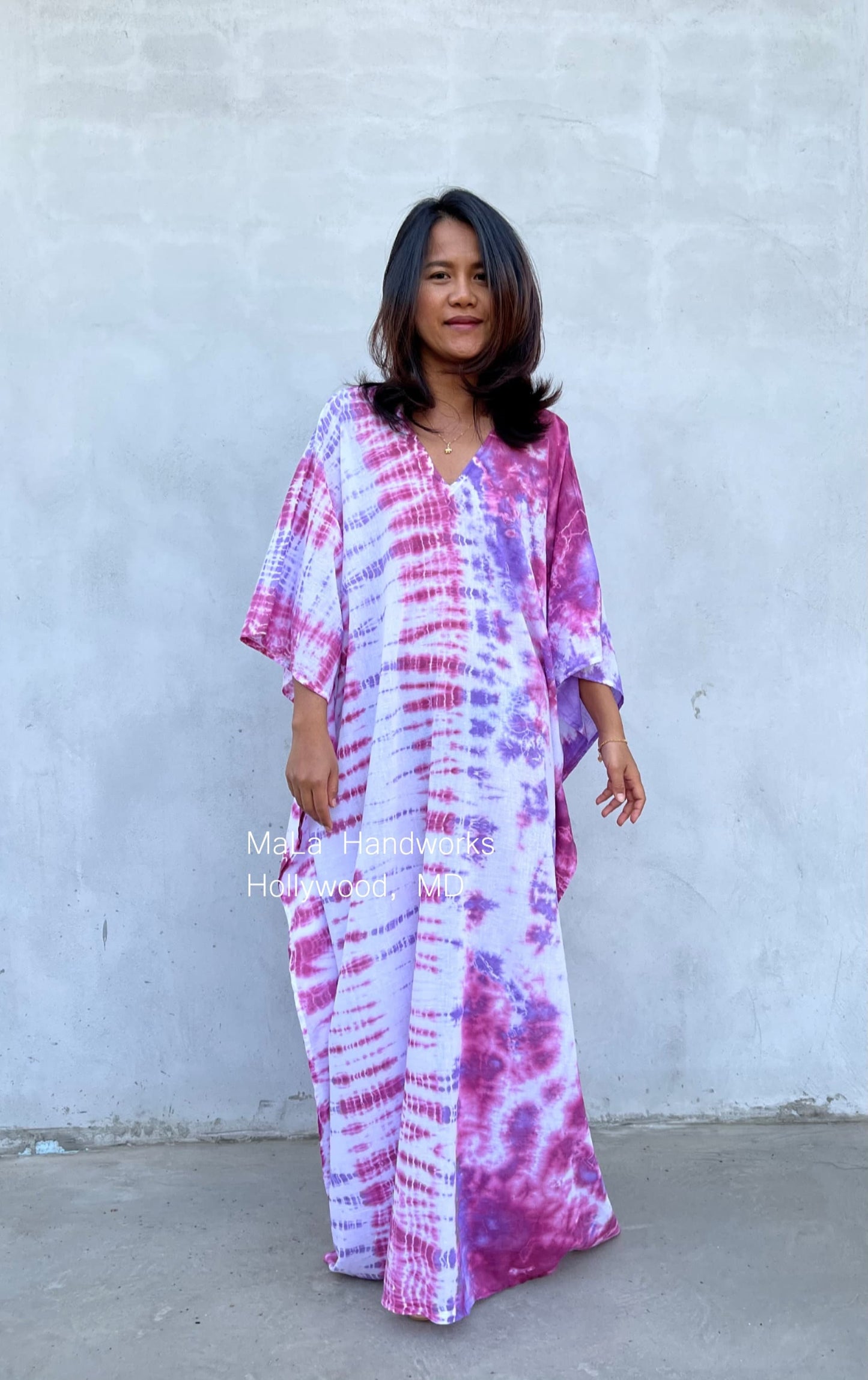MALA handworks Olena semi sheer Kaftan in White and Purple Tie Dye