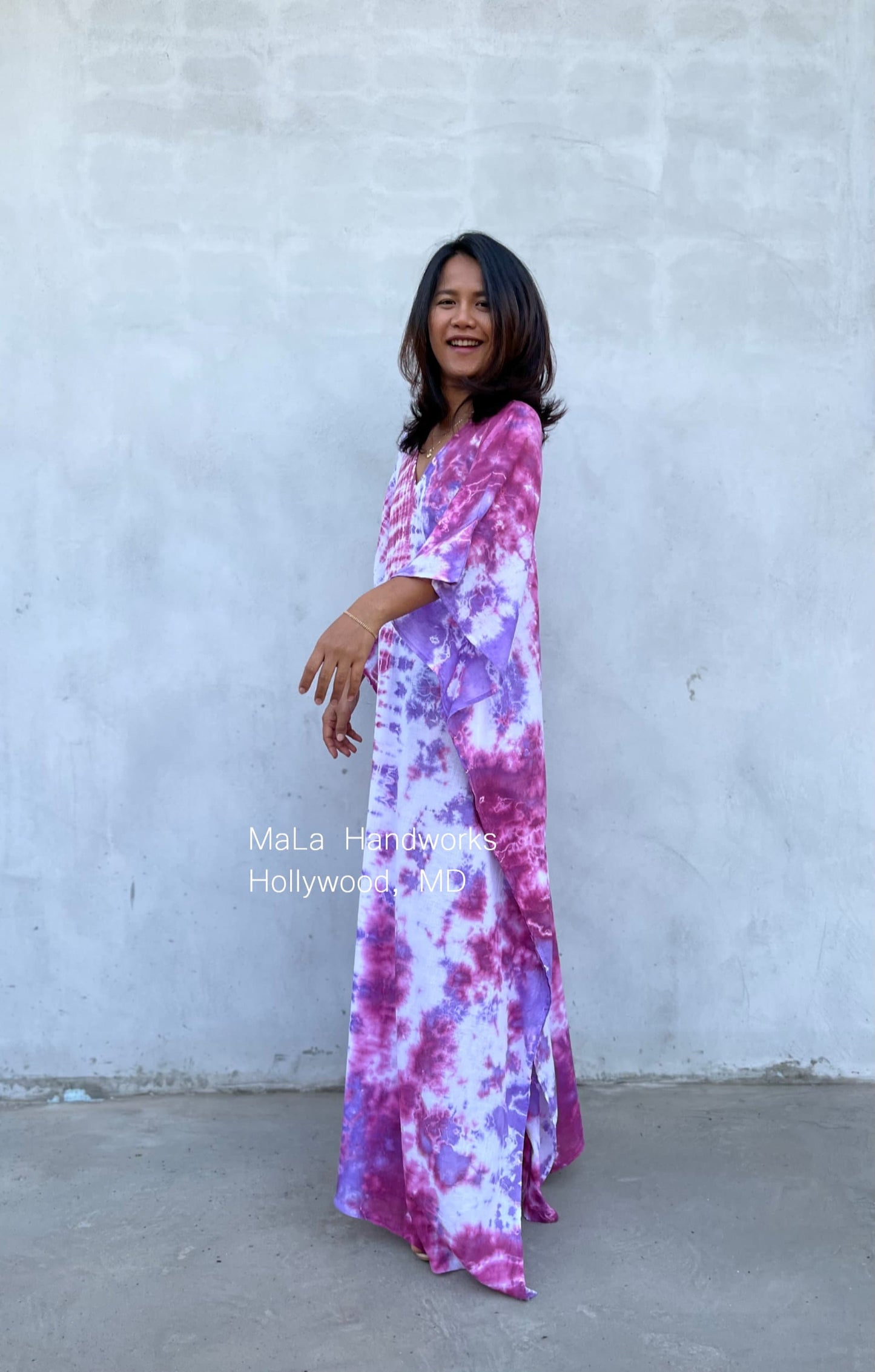 MALA handworks Olena semi sheer Kaftan in White and Purple Tie Dye