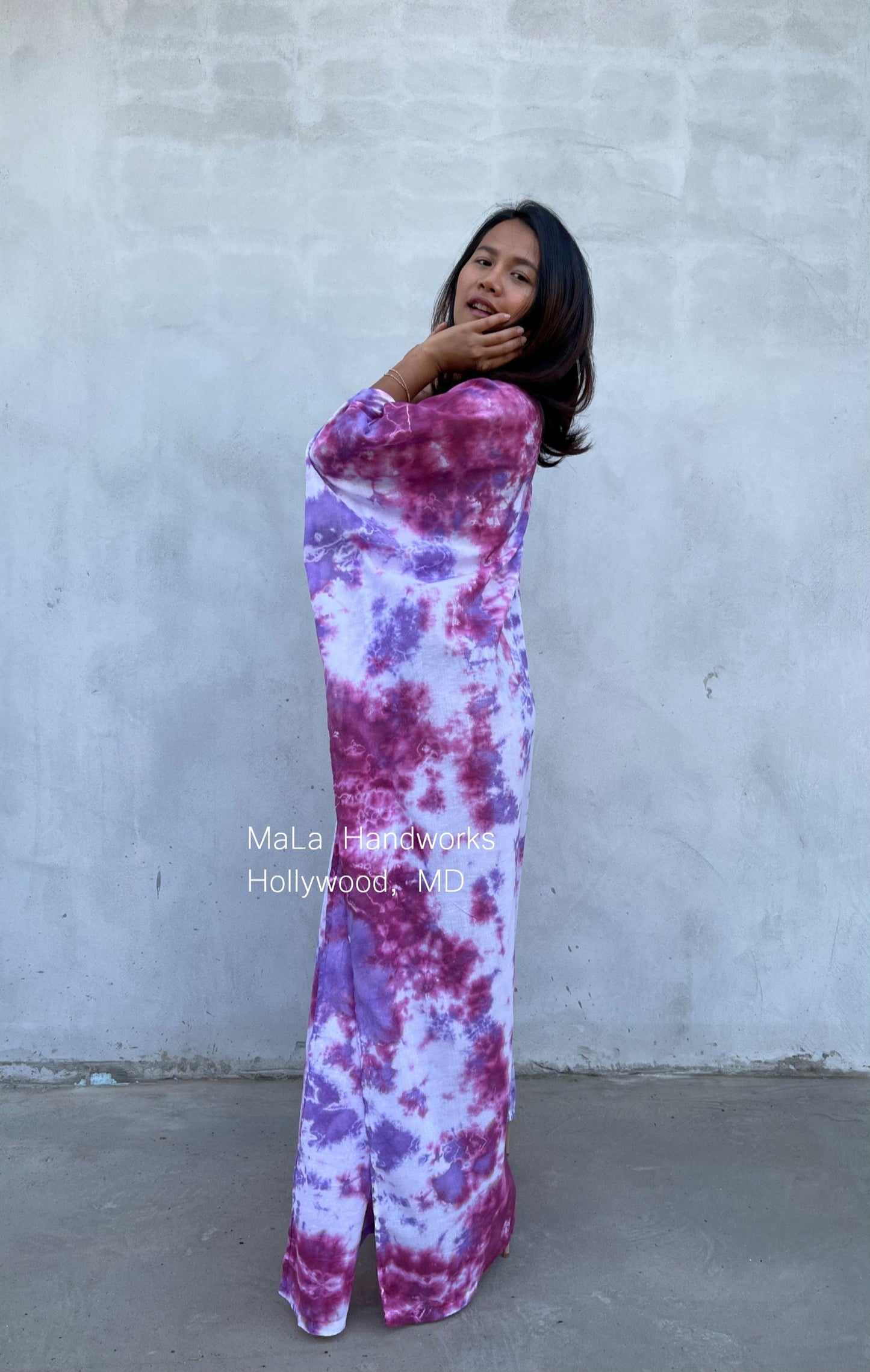 MALA handworks Olena semi sheer Kaftan in White and Purple Tie Dye