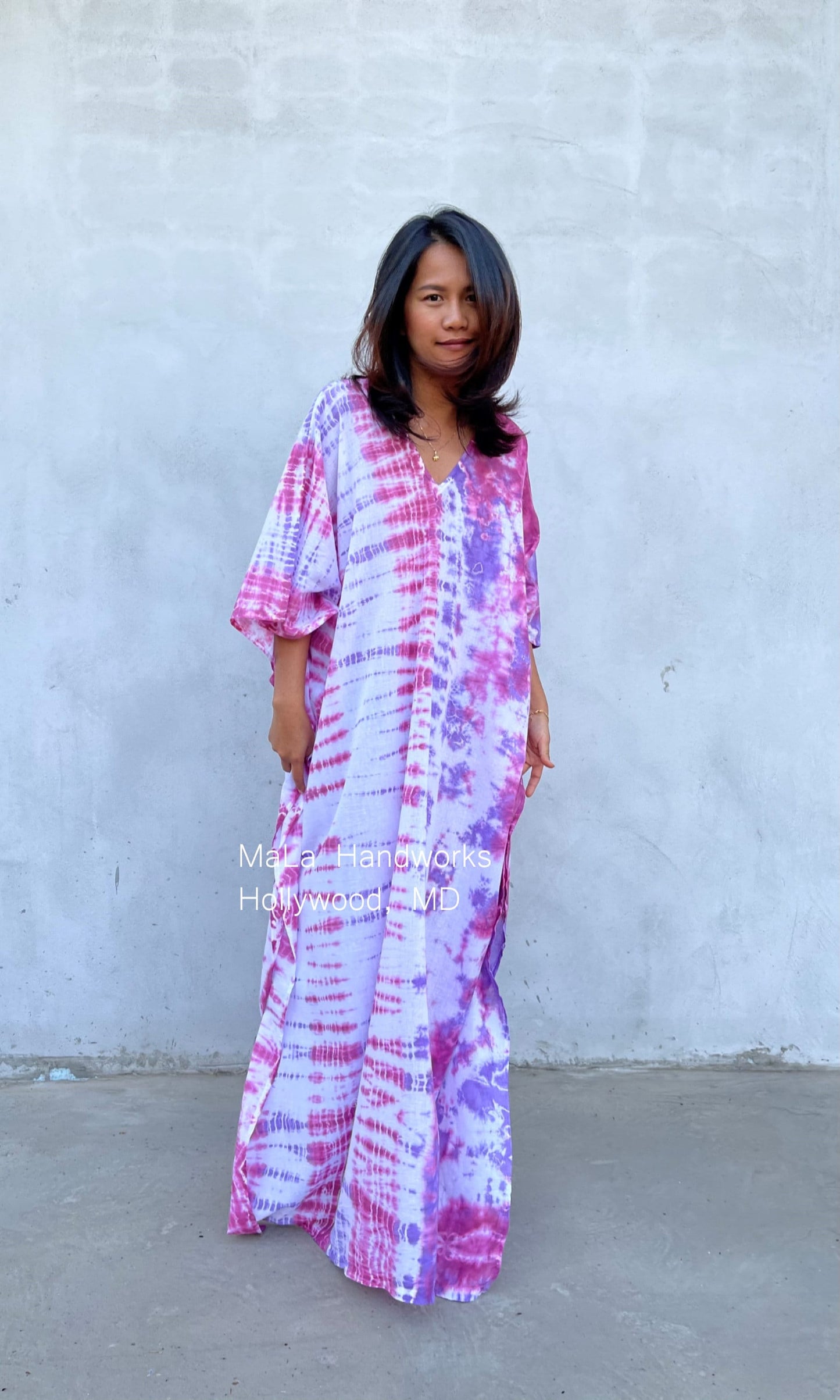 MALA handworks Olena semi sheer Kaftan in White and Purple Tie Dye