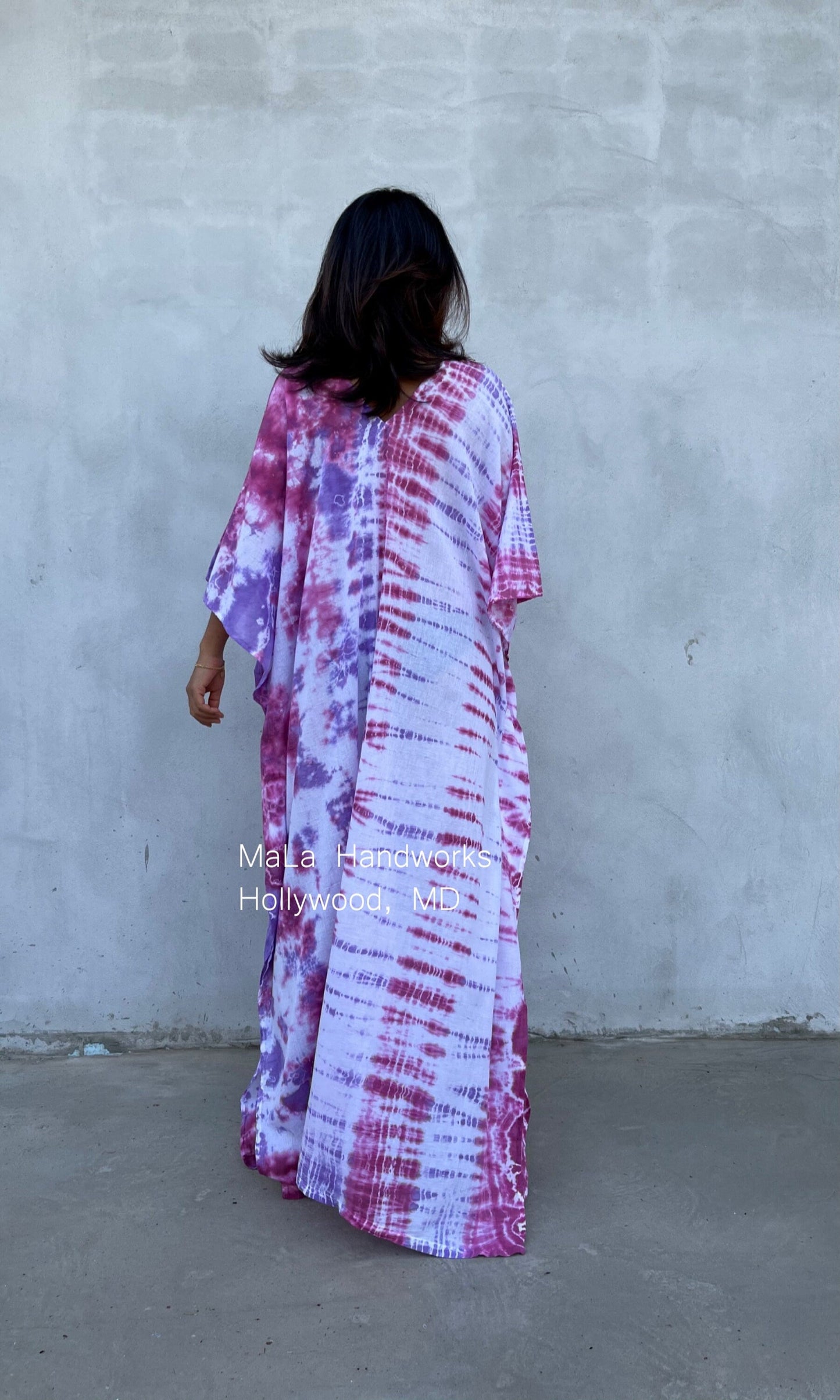 MALA handworks Olena semi sheer Kaftan in White and Purple Tie Dye