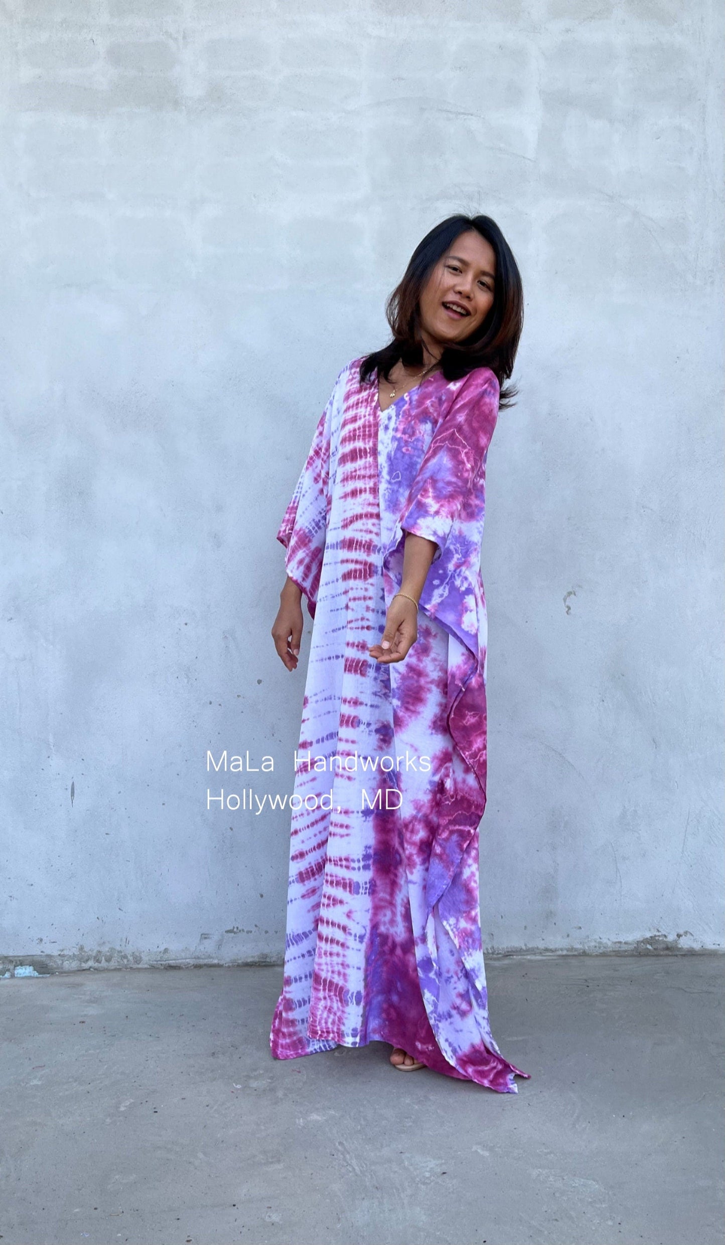 MALA handworks Olena semi sheer Kaftan in White and Purple Tie Dye