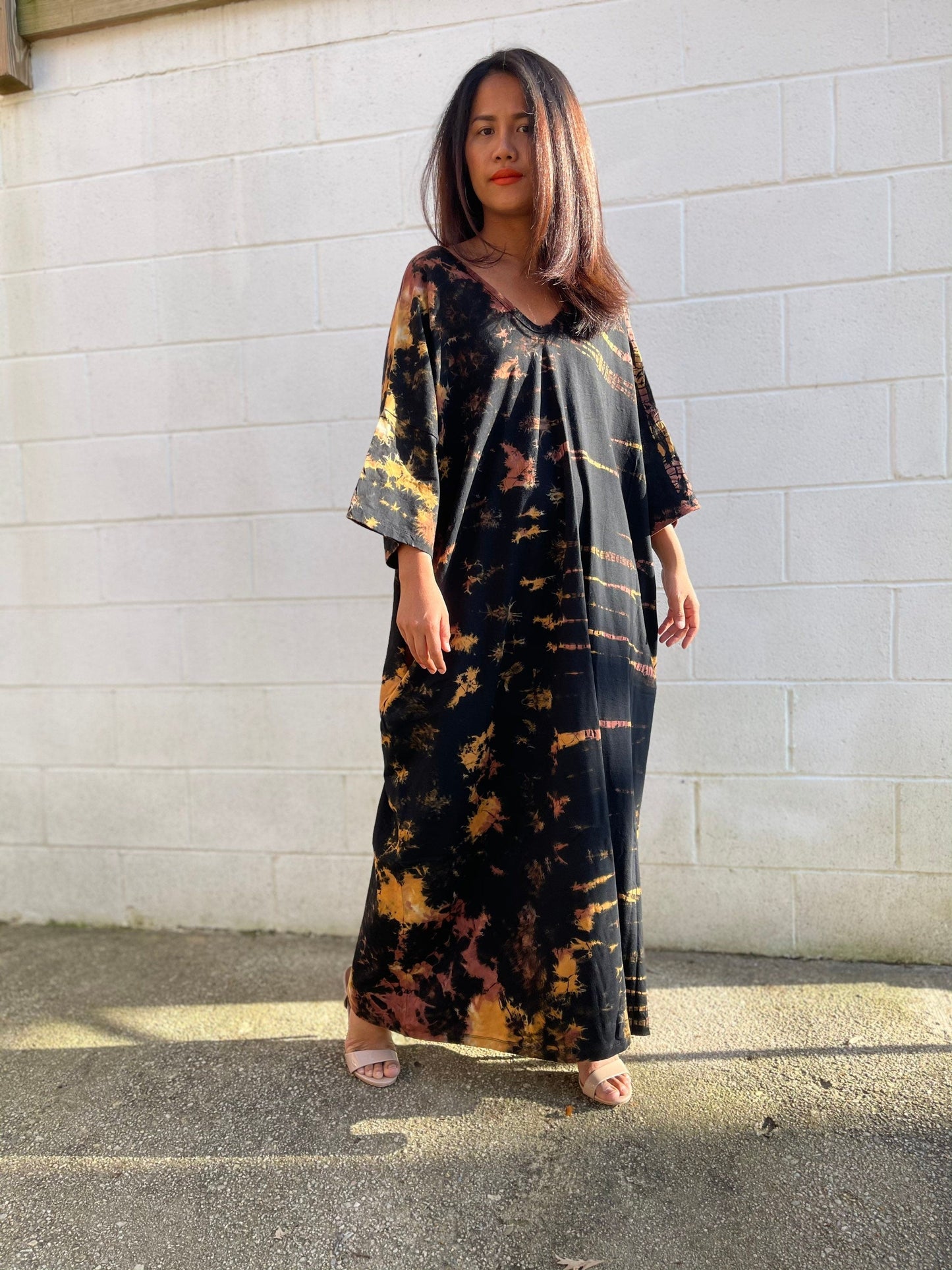 MALA handworks Olivia Kaftan in Black and Rainbow Tie Dye