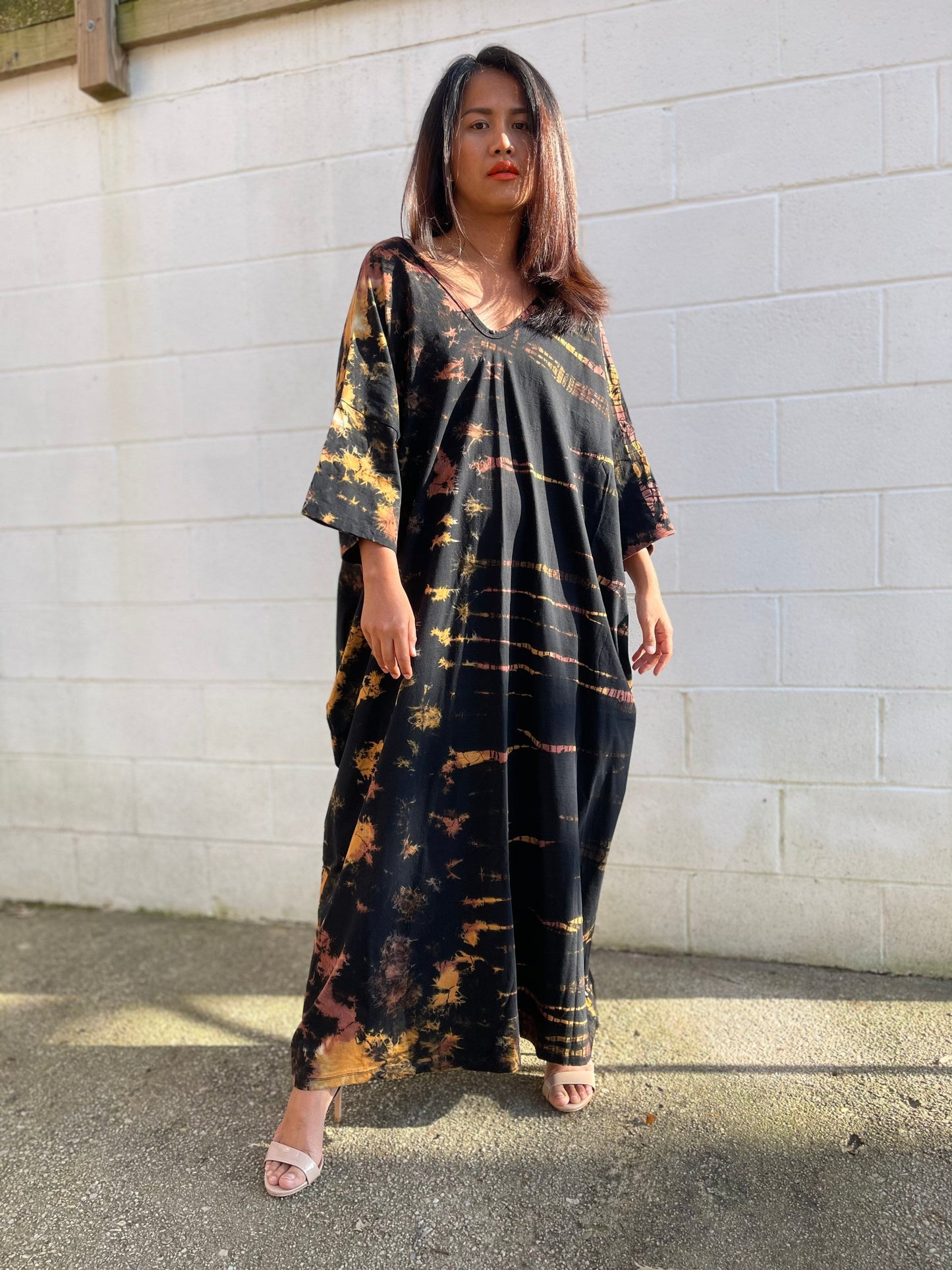 MALA handworks Olivia Kaftan in Black and Rainbow Tie Dye