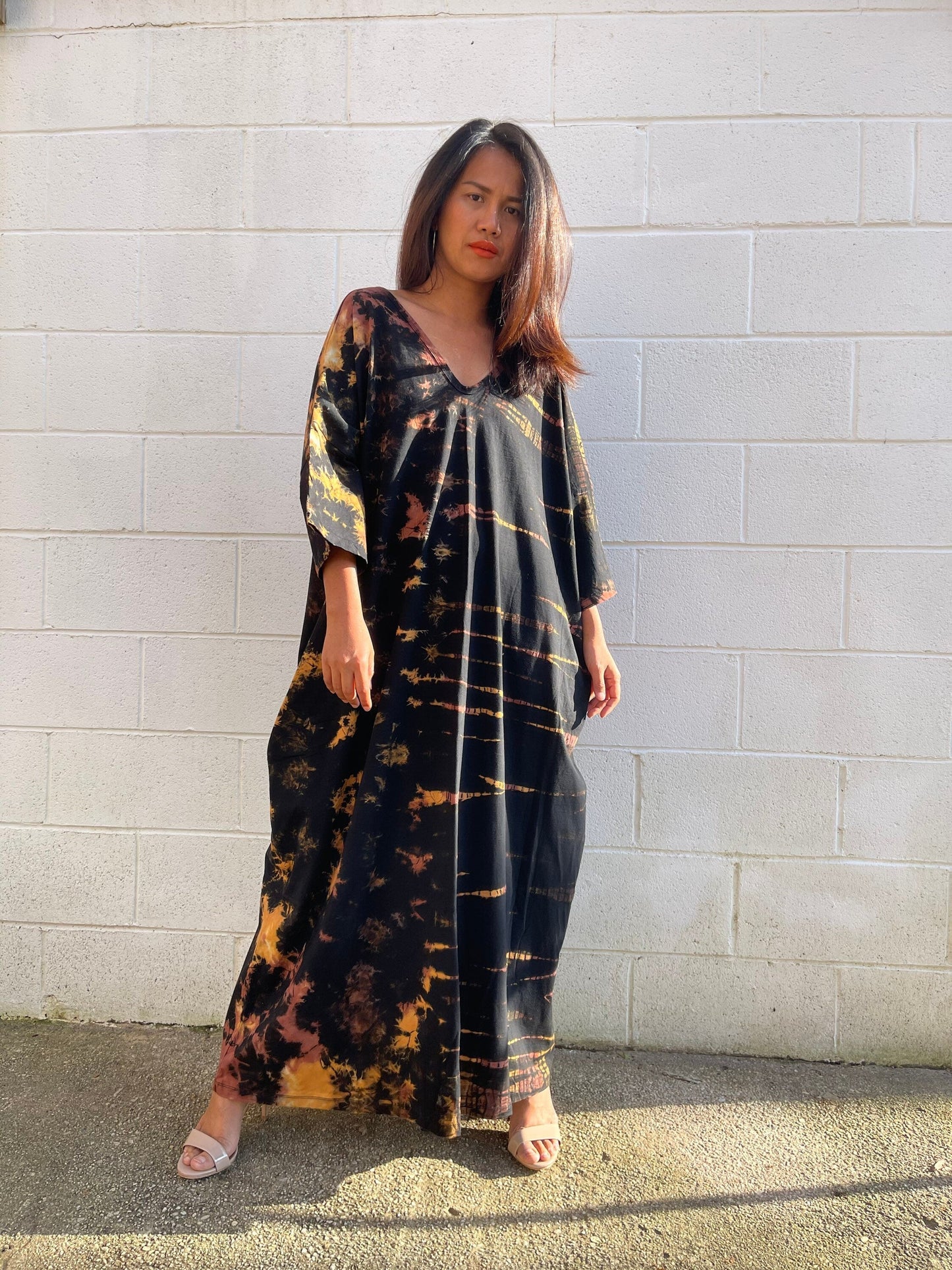 MALA handworks Olivia Kaftan in Black and Rainbow Tie Dye