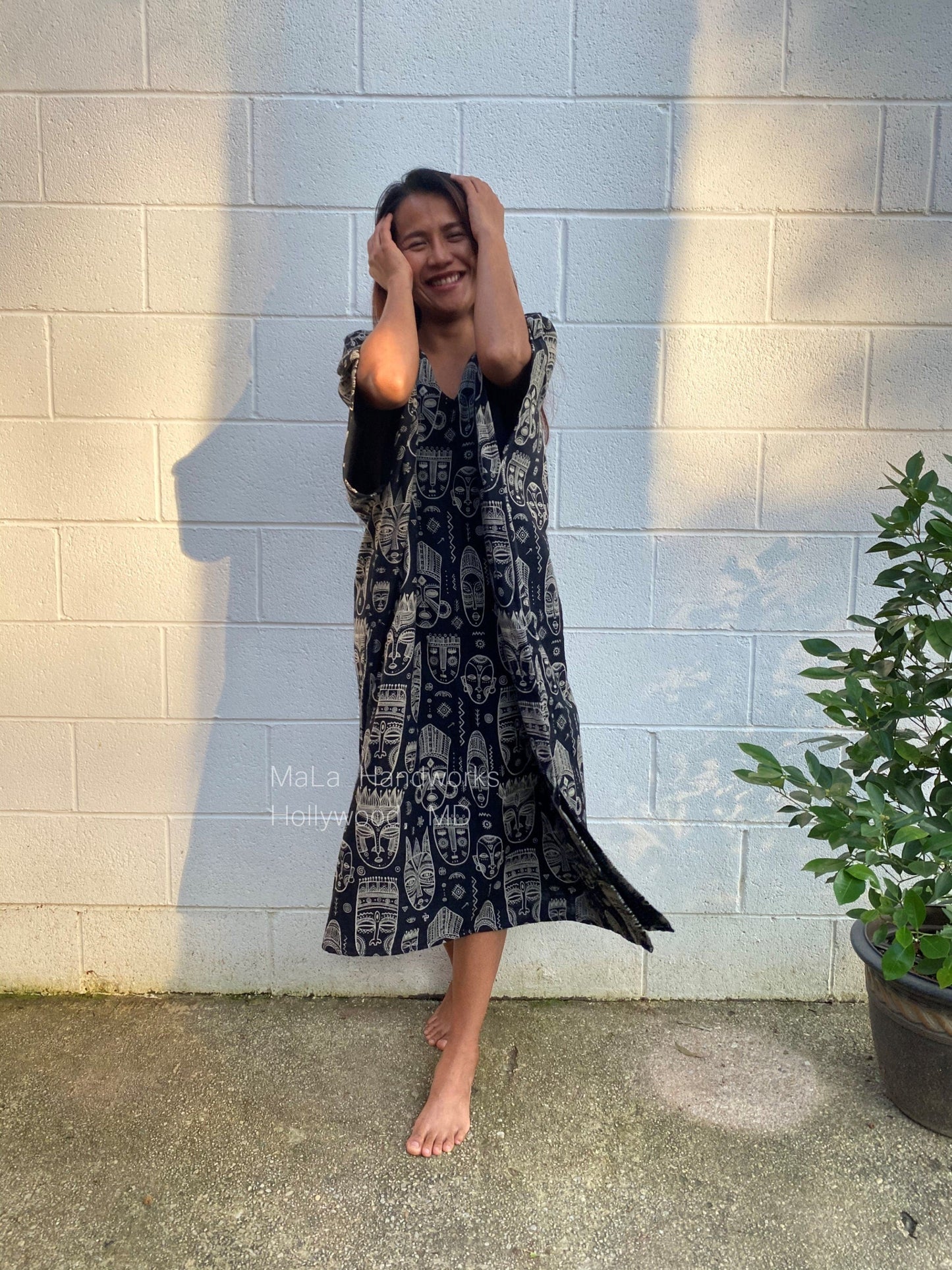 MALA handworks Skye Double Gauze Cotton Midi Kaftan - Hand Screened Kaftan, African Print