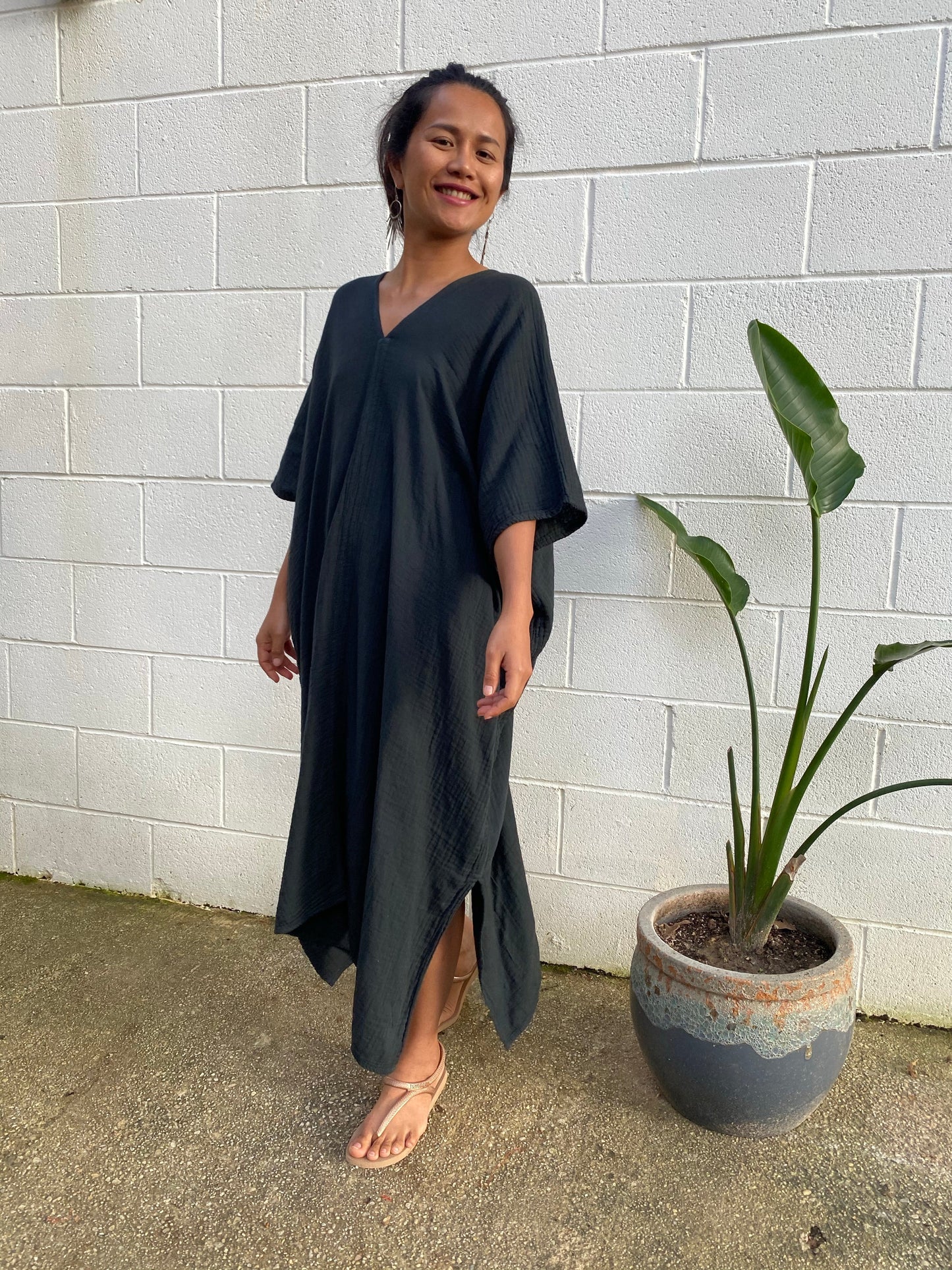MALA handworks Skye Double Gauze Cotton Midi Kaftan in Black
