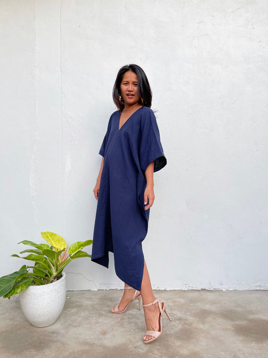 MALA handworks Skye Double Gauze Cotton Midi Kaftan in Blue