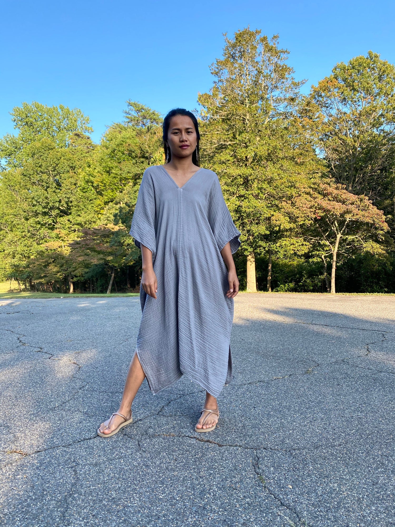 MALA handworks Skye Double Gauze Cotton Midi Kaftan in Gray