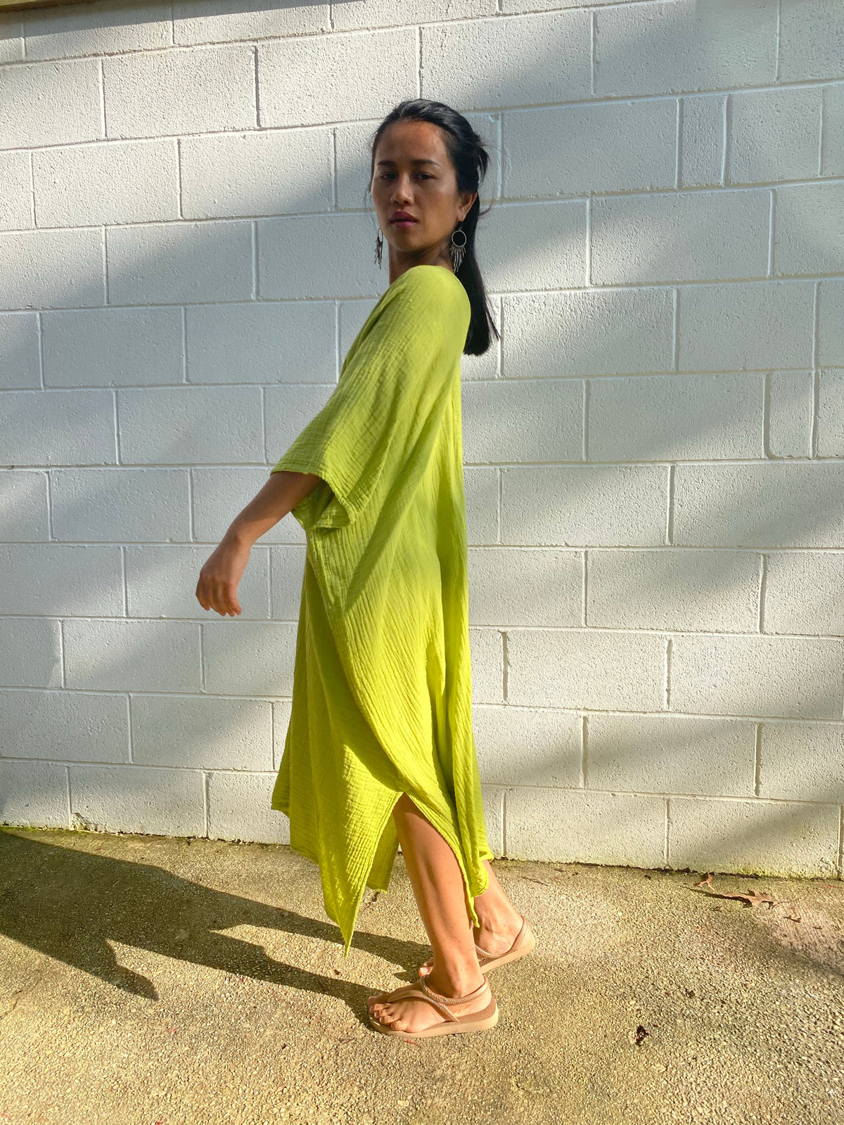 MALA handworks Skye Double Gauze Cotton Midi Kaftan in Light Green