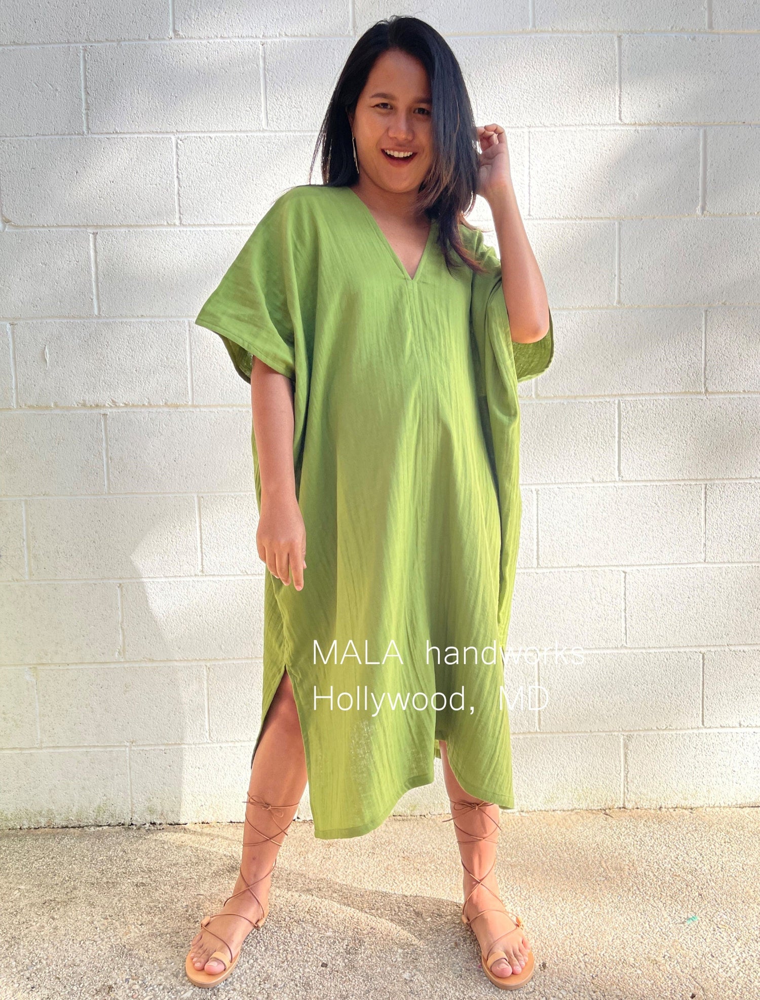 MALA handworks  Skye Double Gauze Cotton Midi Kaftan in Lime Green