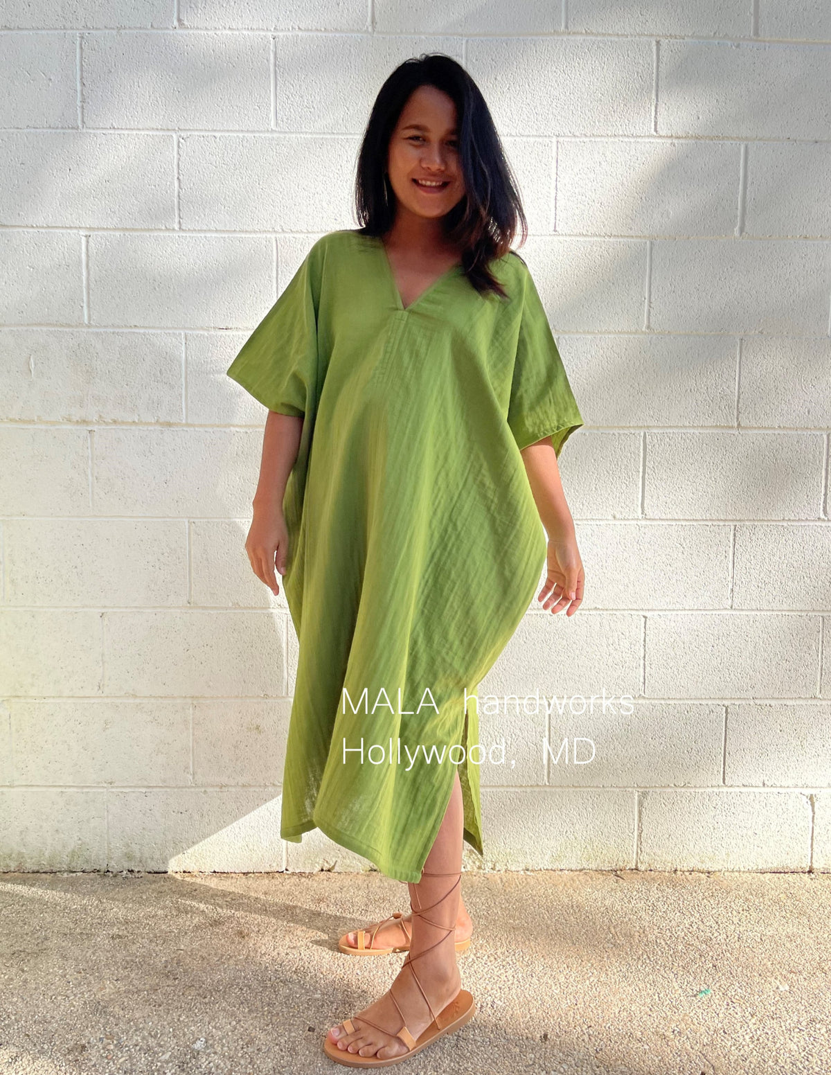 MALA handworks  Skye Double Gauze Cotton Midi Kaftan in Lime Green