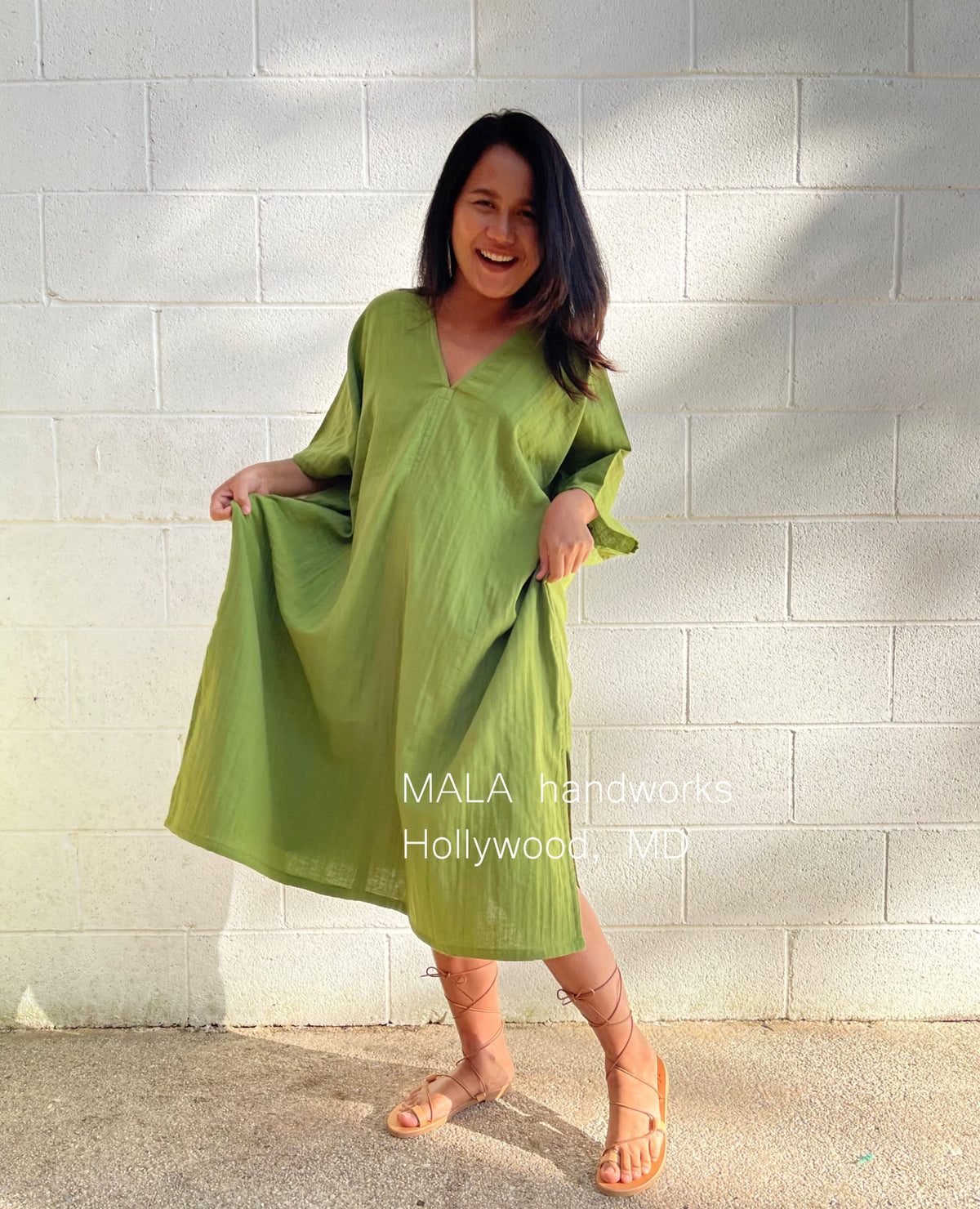 MALA handworks  Skye Double Gauze Cotton Midi Kaftan in Lime Green