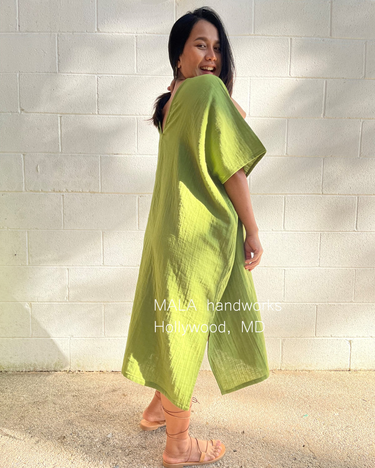 MALA handworks  Skye Double Gauze Cotton Midi Kaftan in Lime Green