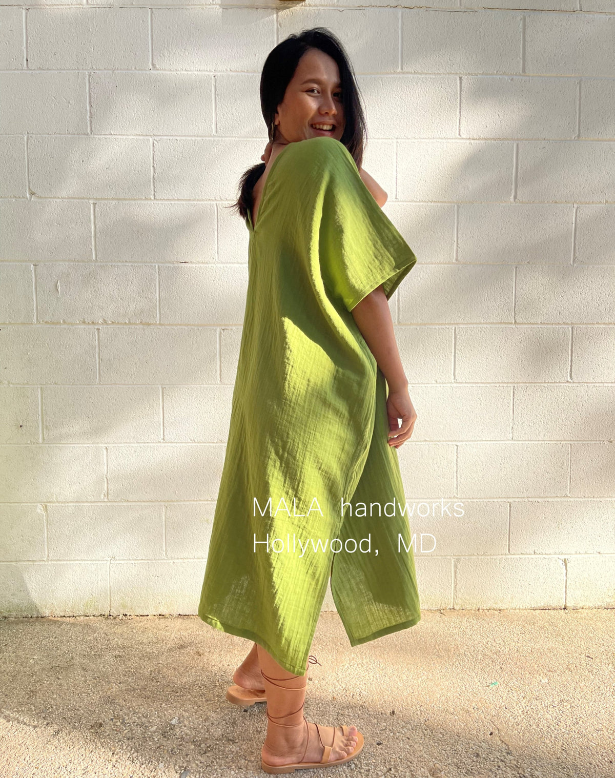 MALA handworks  Skye Double Gauze Cotton Midi Kaftan in Lime Green