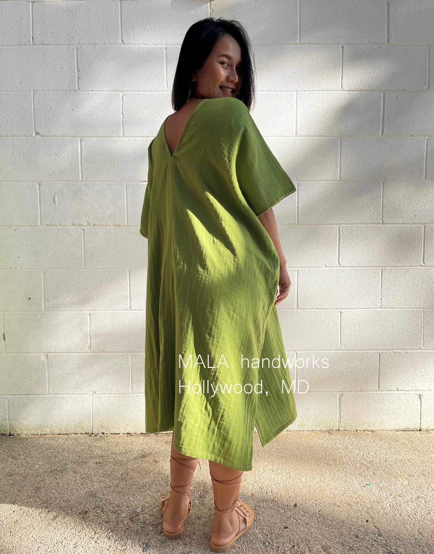 MALA handworks Skye Double Gauze Cotton Midi Kaftan in Lime Green