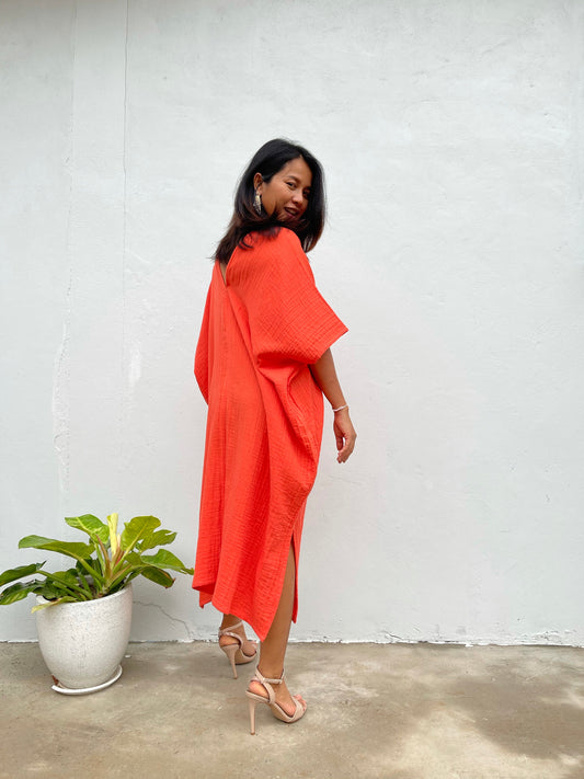 MALA handworks Skye Double Gauze Cotton Midi Kaftan in Orange