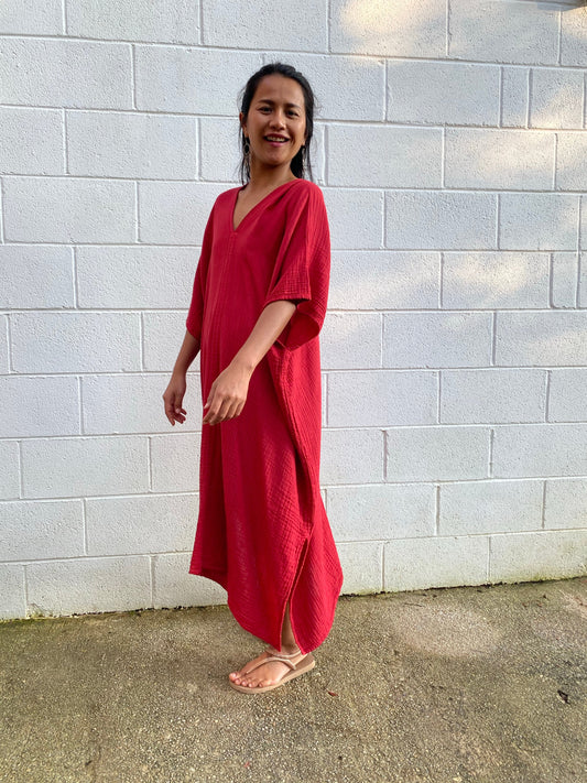 MALA handworks Skye Double Gauze Cotton Midi Kaftan in Red