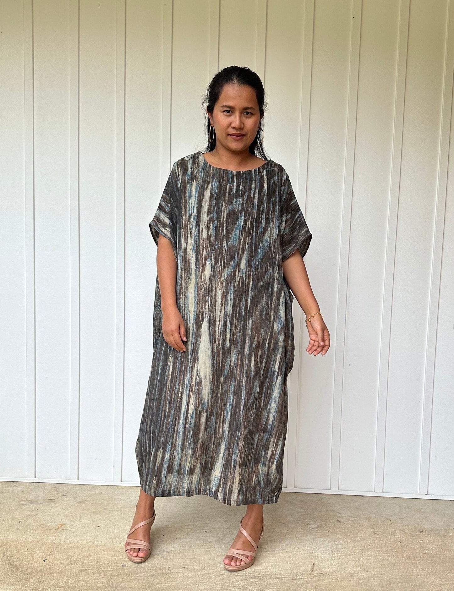 MALA handworks Uma Hand Painted with Natural Dye Boat Neck Double Gauze Cotton Kaftan