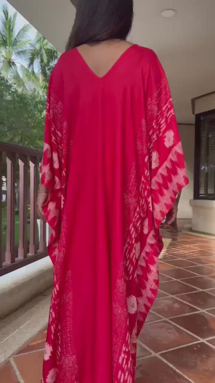 Luna Hand Screen Printed Kaftan in Red