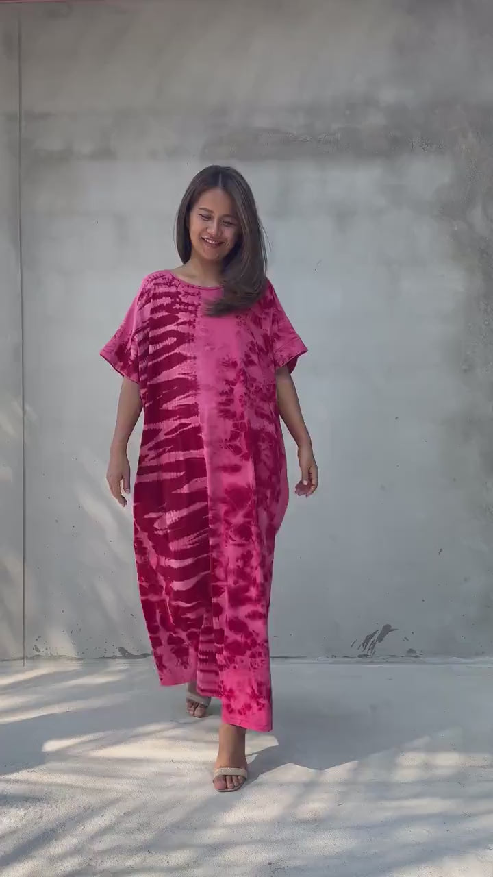 Alice Jersey Cotton Kaftan in Red and Pink Tie Dye