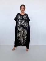 Mala Handworks Alice Jersey Cotton Kaftan in Black with Hand-Painted Lotus Leaves