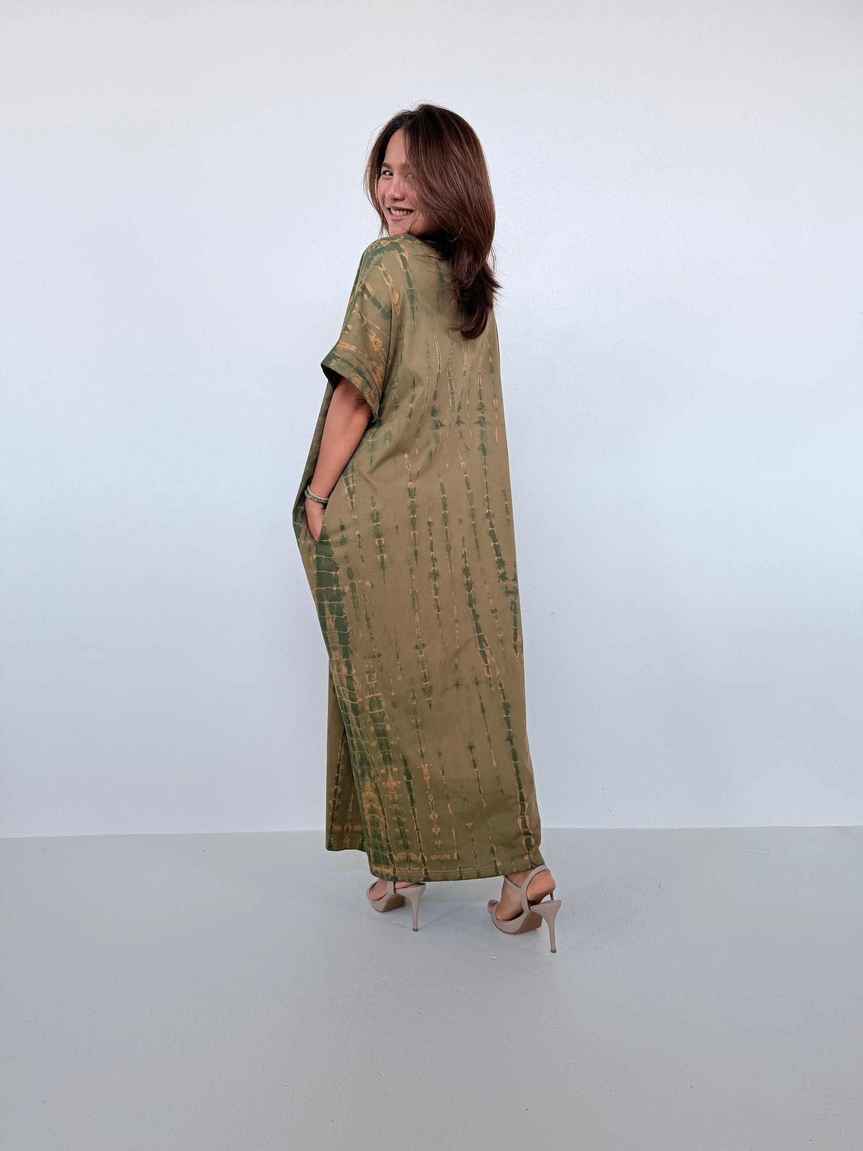 Mala Handworks Alice Jersey Cotton Kaftan in Olive Tie Dye