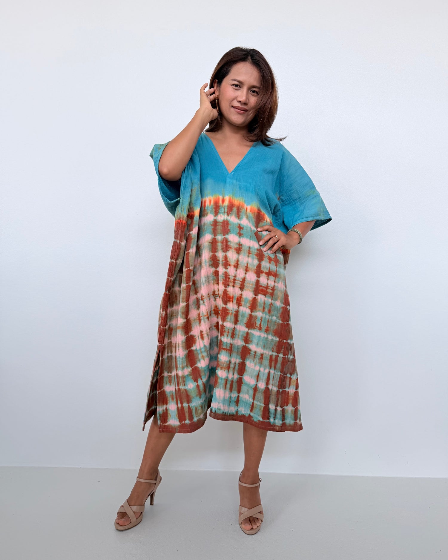 Skye Cotton Midi Kaftan in Turquoise & Rust Tie Dye