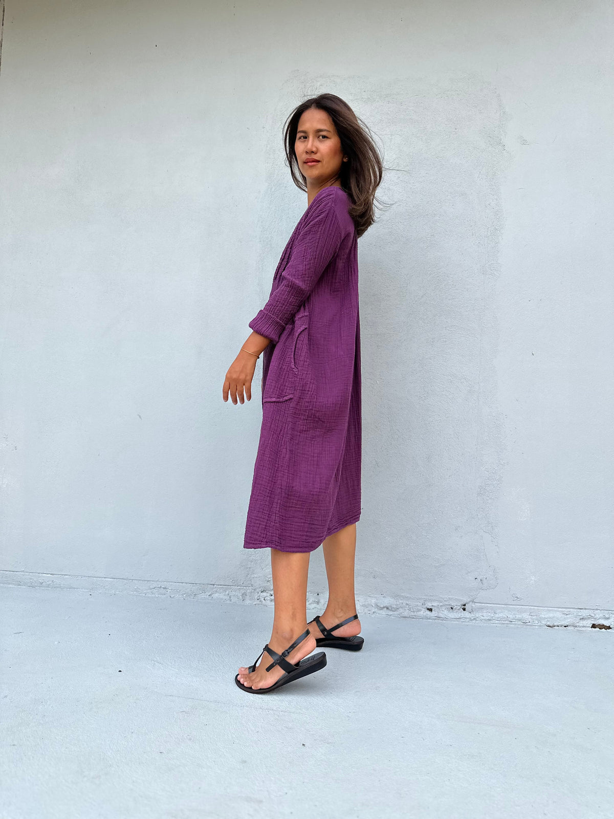 Mala Handworks Bree Double Gauze Cotton Dress in Plum