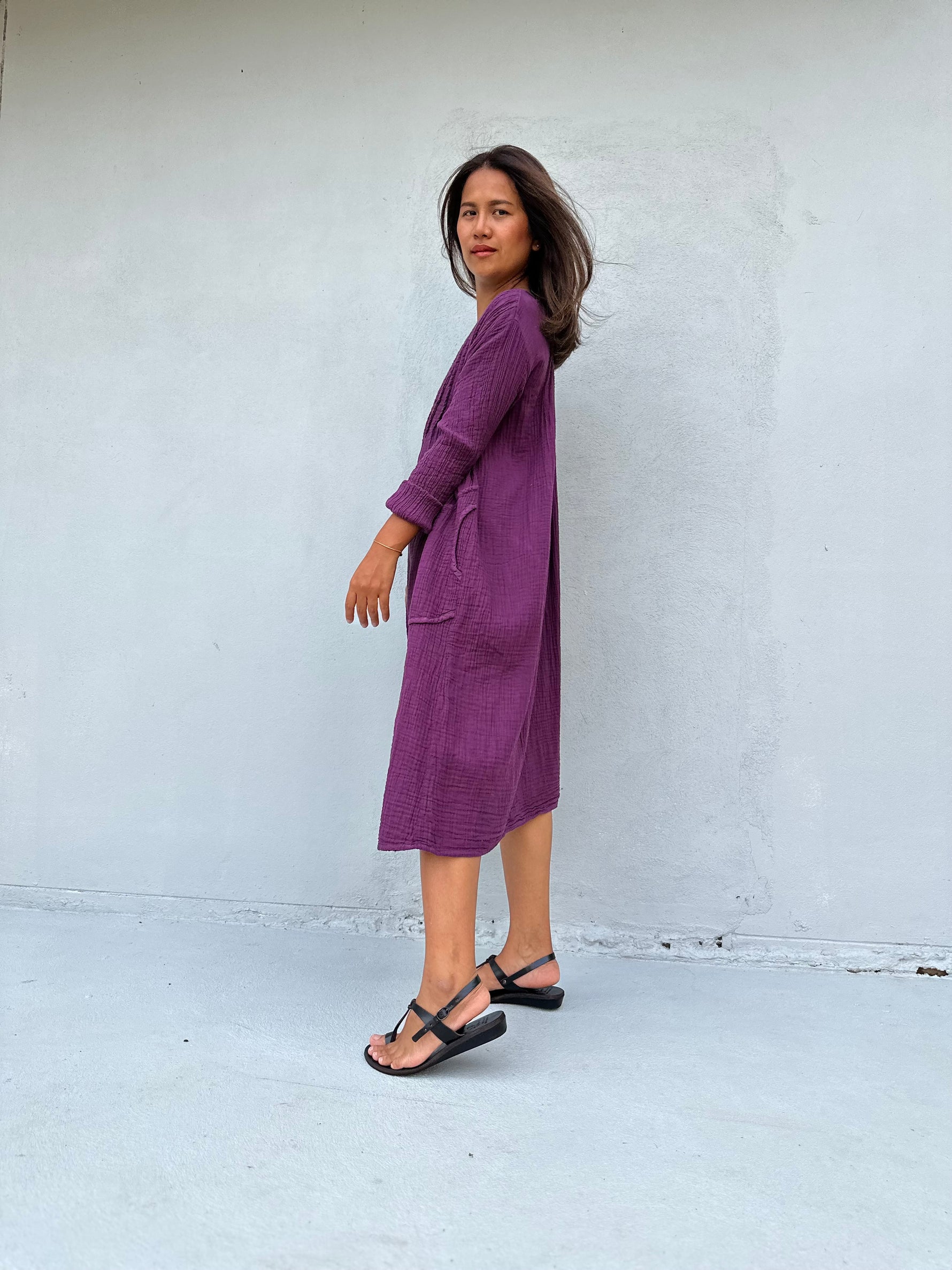 Mala Handworks Bree Double Gauze Cotton Dress in Plum