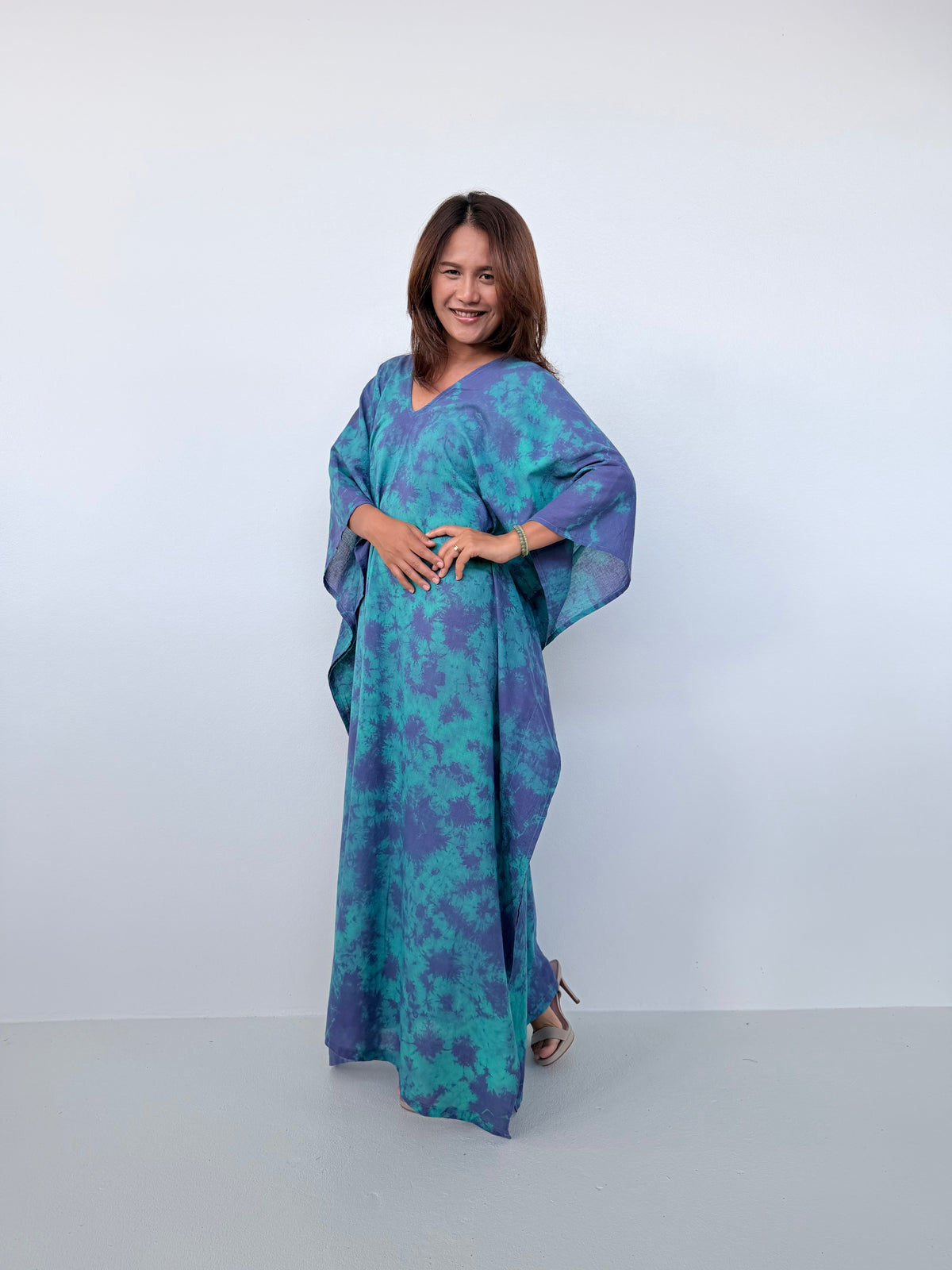 Mala Handworks Olena Cotton Kaftan in Aqua & Purple Tie Dye