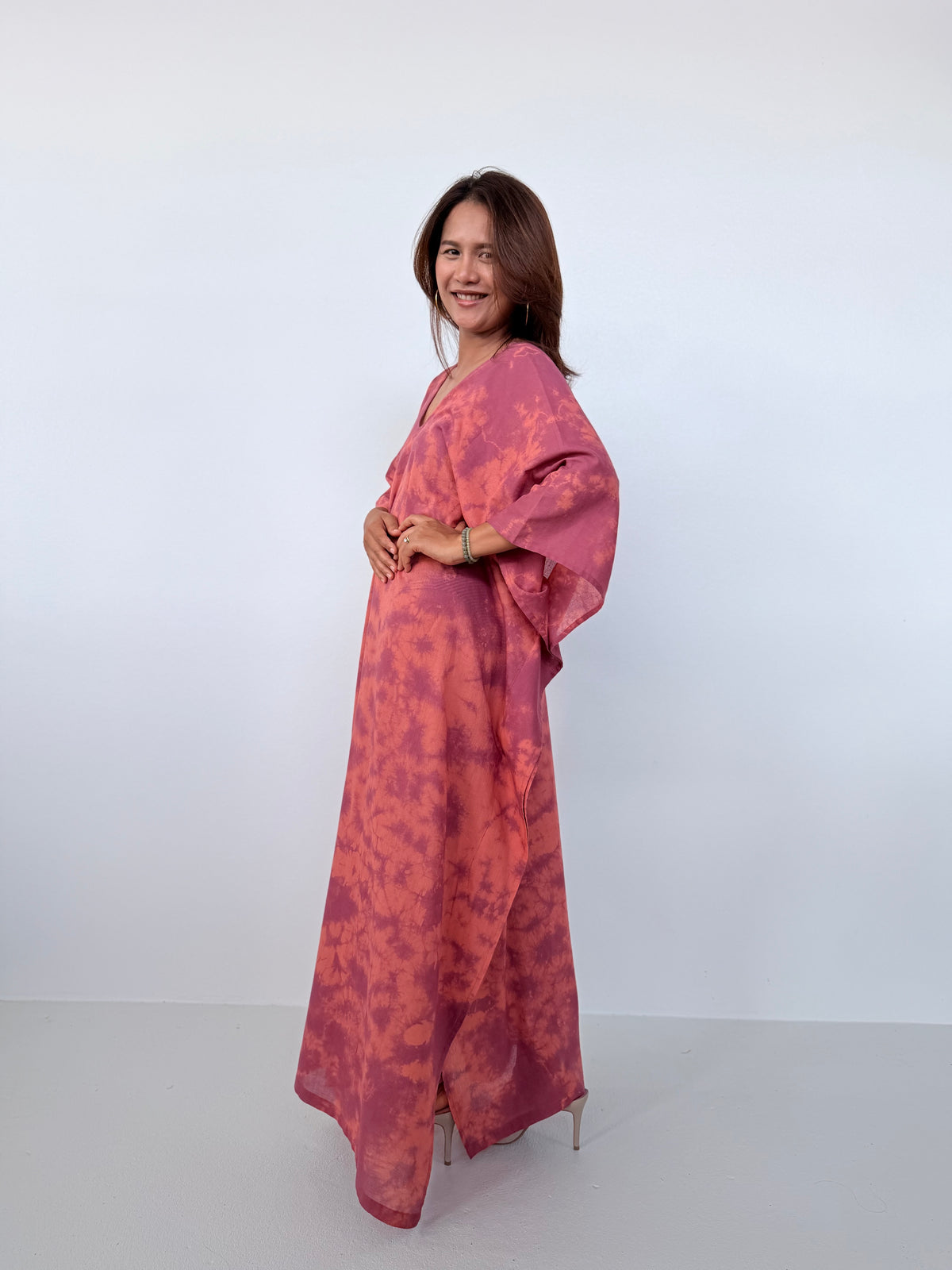 Mala Handworks Olena Cotton Kaftan in Salmon & Purple Tie Dye