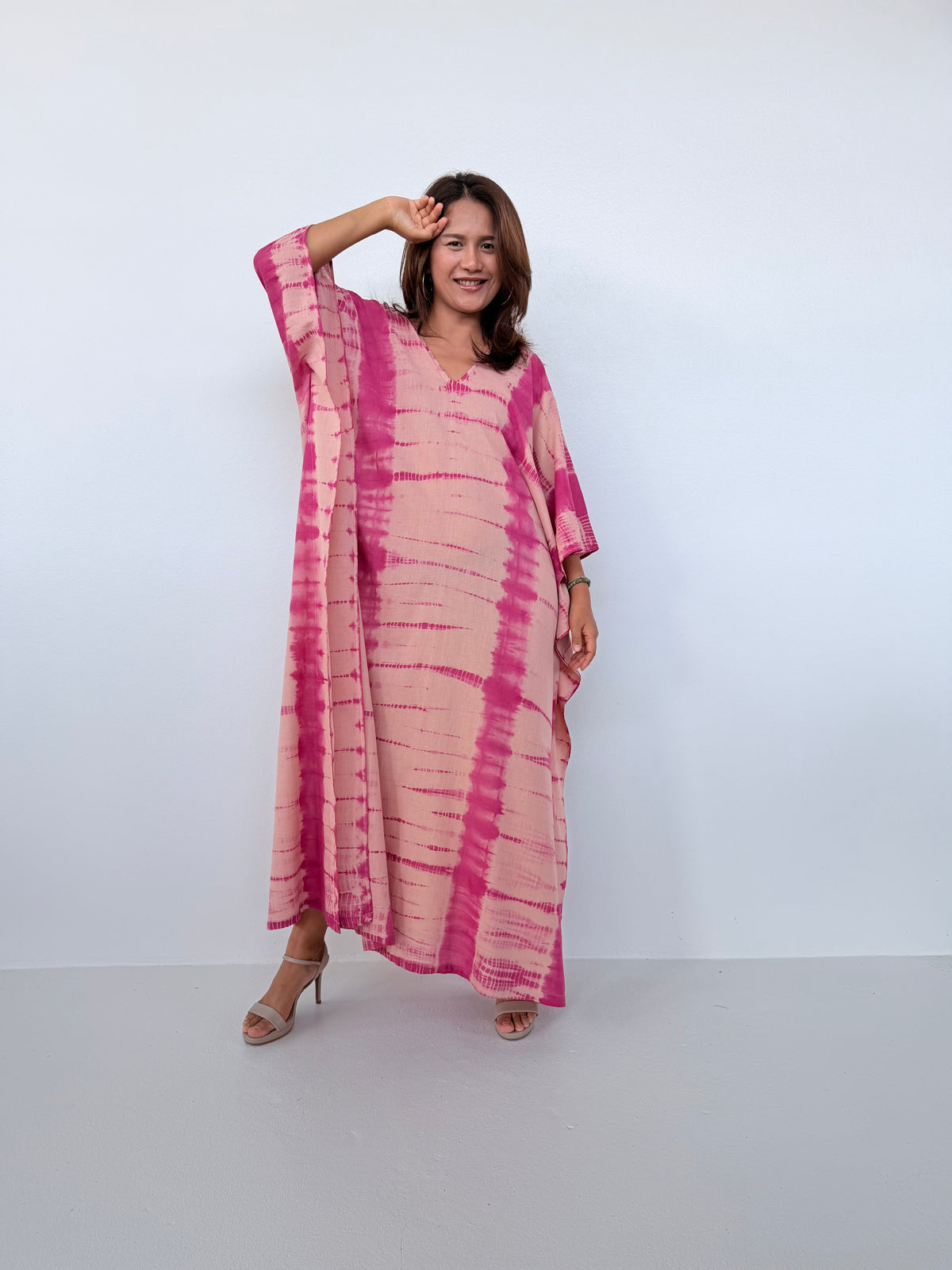 Mala Handworks Olena Cotton Kaftan in Watermelon & Peach Tie Dye