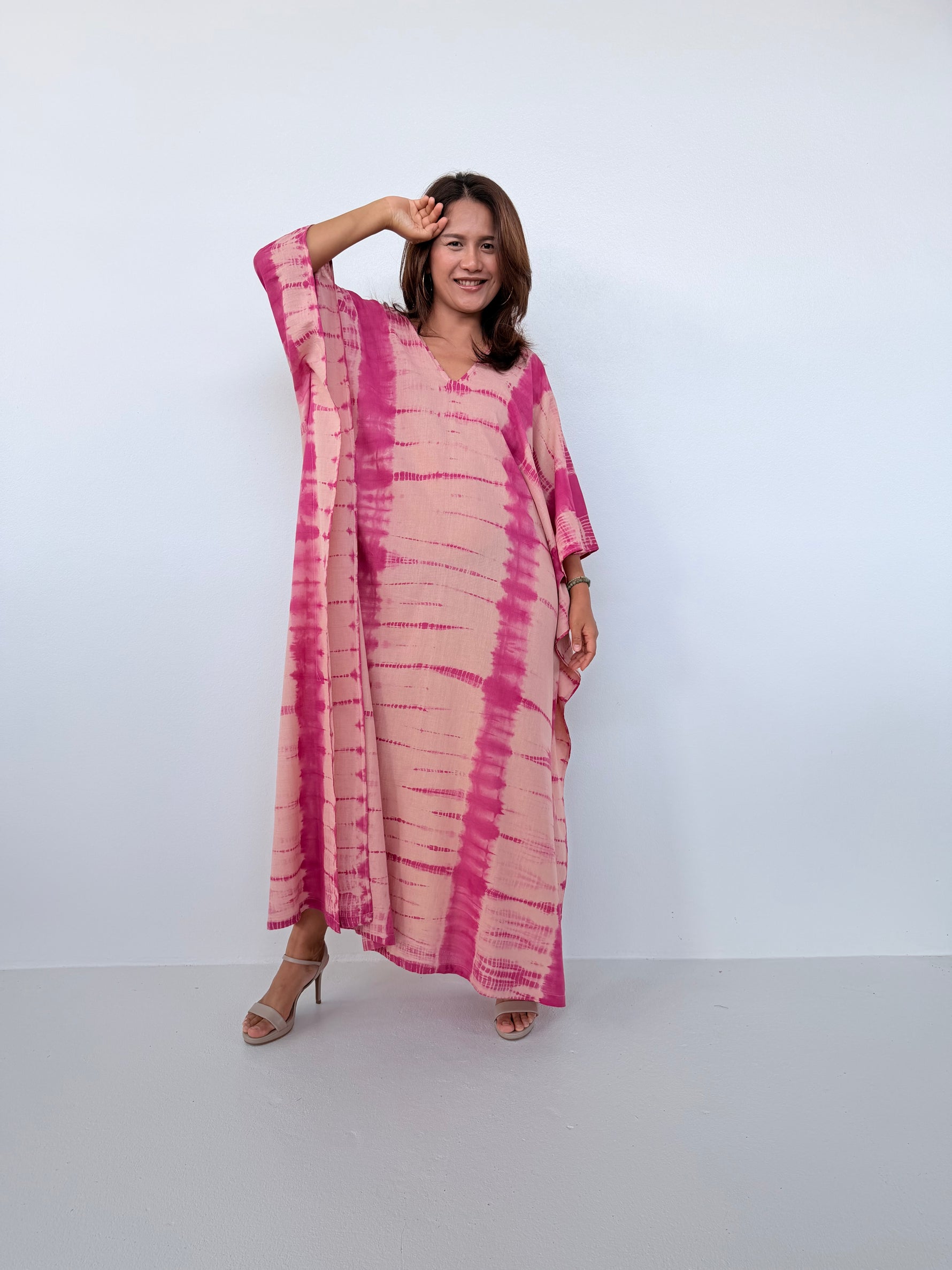 Mala Handworks Olena Cotton Kaftan in Watermelon & Peach Tie Dye