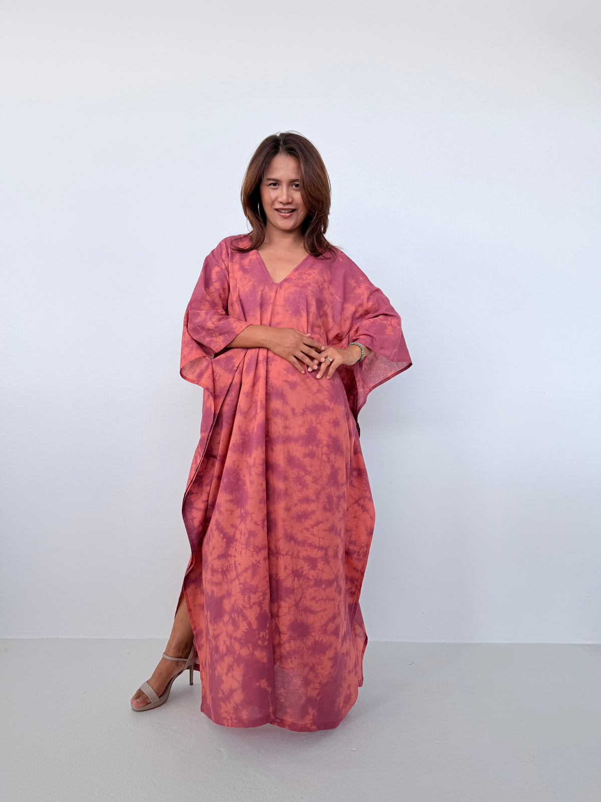 Mala Handworks Olena Cotton Kaftan in Salmon & Purple Tie Dye