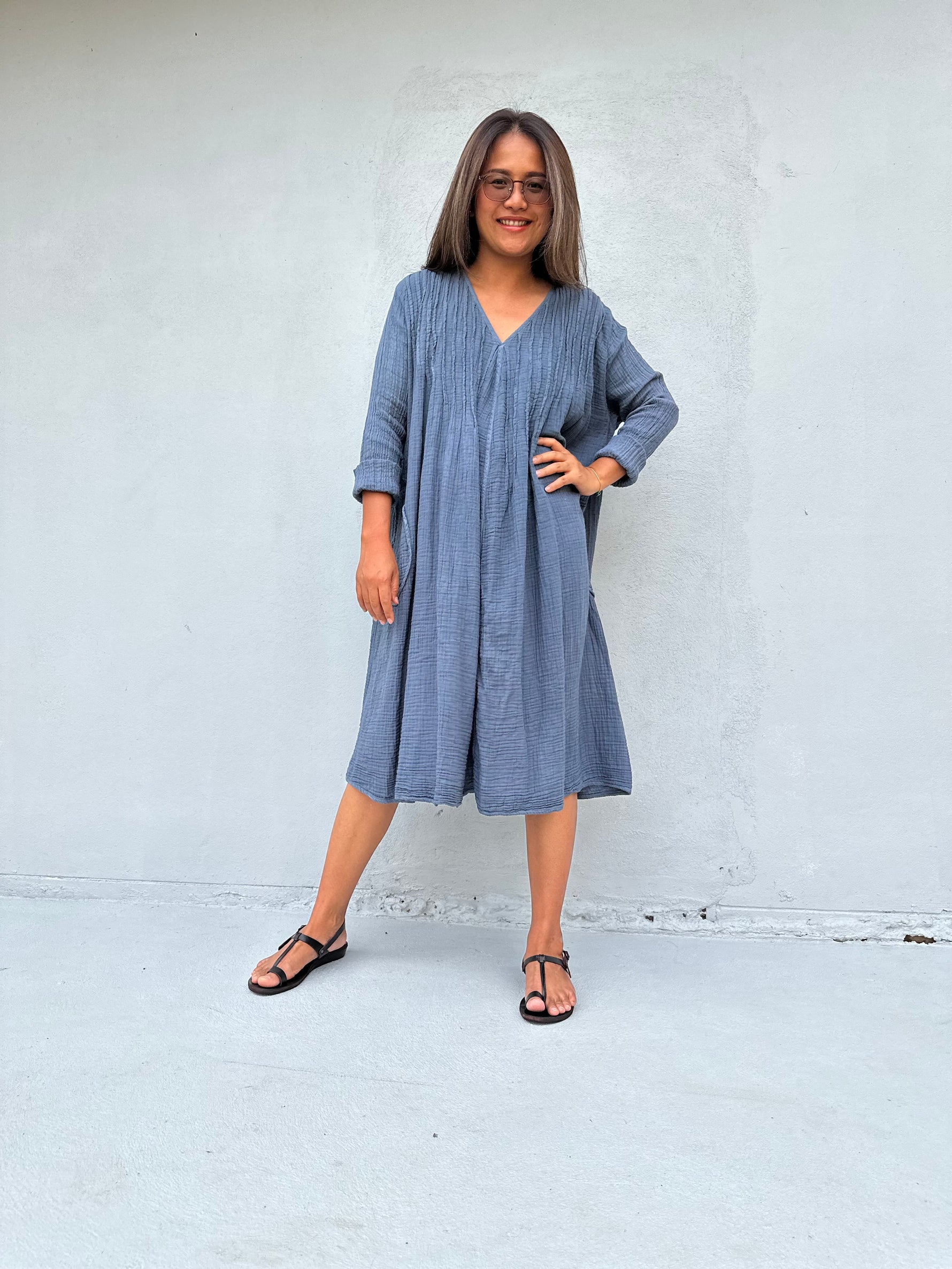 Mala Handworks Bree Double Gauze Cotton Dress in Blueberry