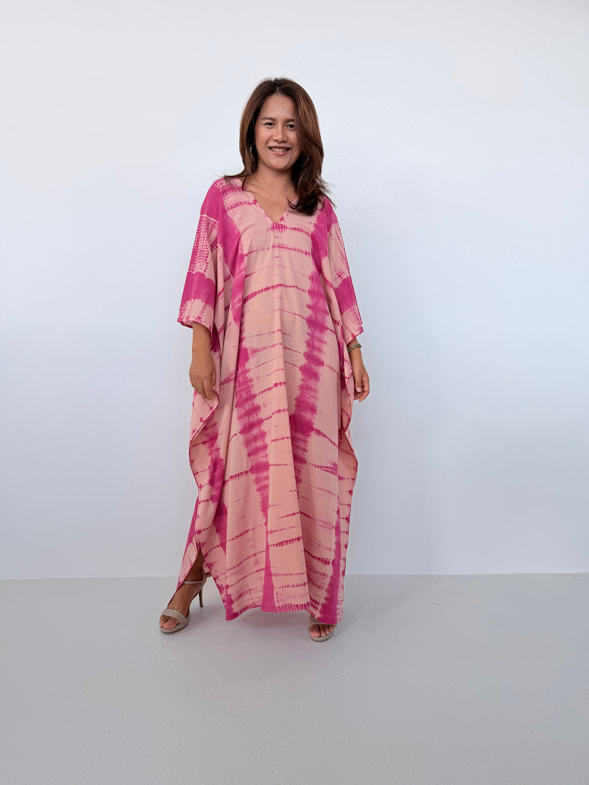 Mala Handworks Olena Cotton Kaftan in Watermelon & Peach Tie Dye