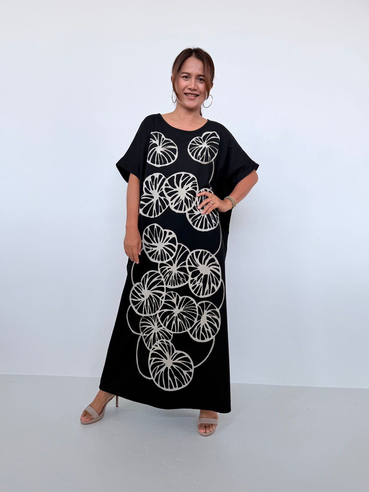 Mala Handworks Alice Jersey Cotton Kaftan in Black with Hand-Painted Lotus Leaves