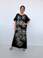 Mala Handworks Alice Jersey Cotton Kaftan in Black with Hand-Painted Lotus Leaves