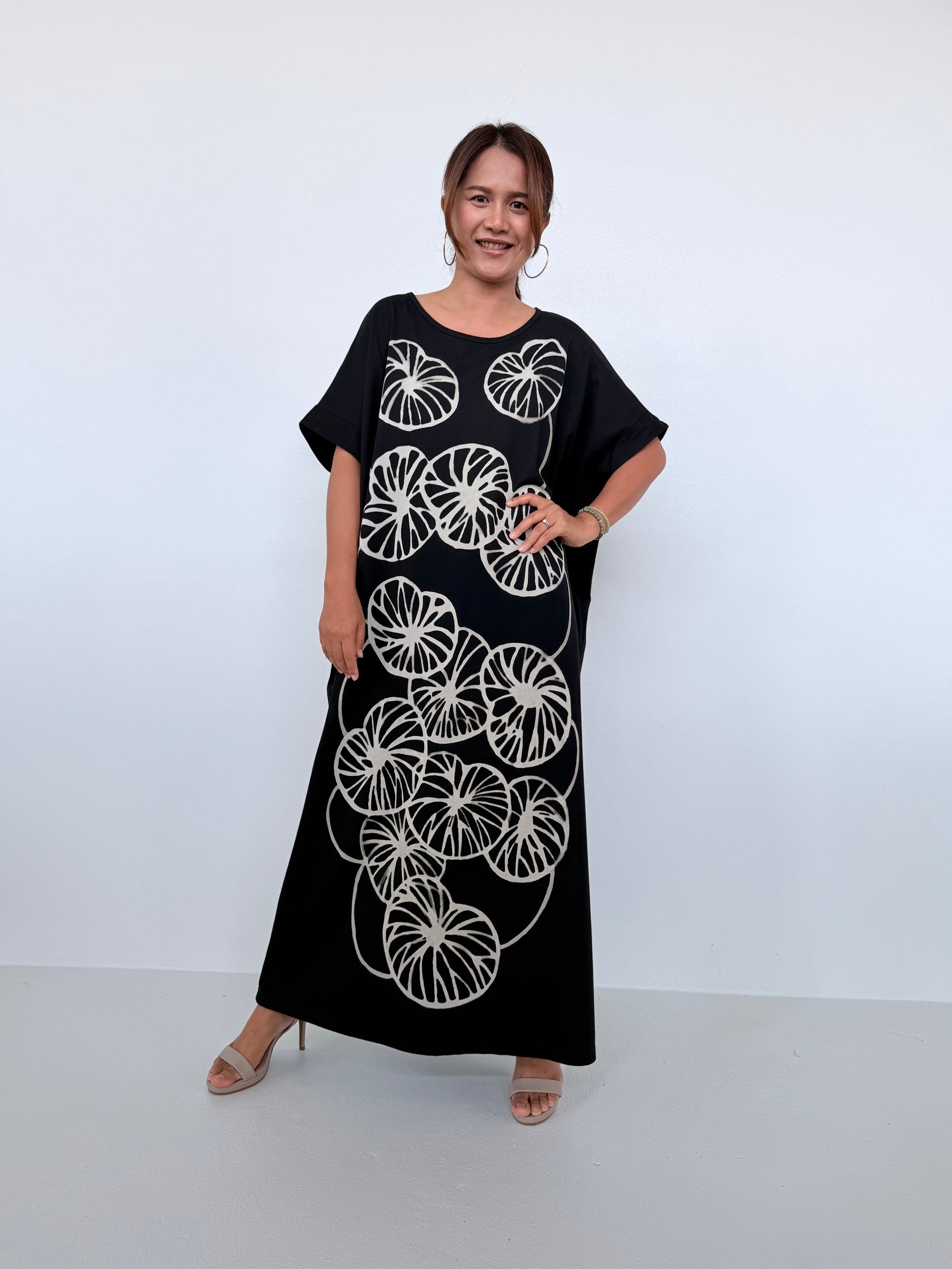 Mala Handworks Alice Jersey Cotton Kaftan in Black with Hand-Painted Lotus Leaves