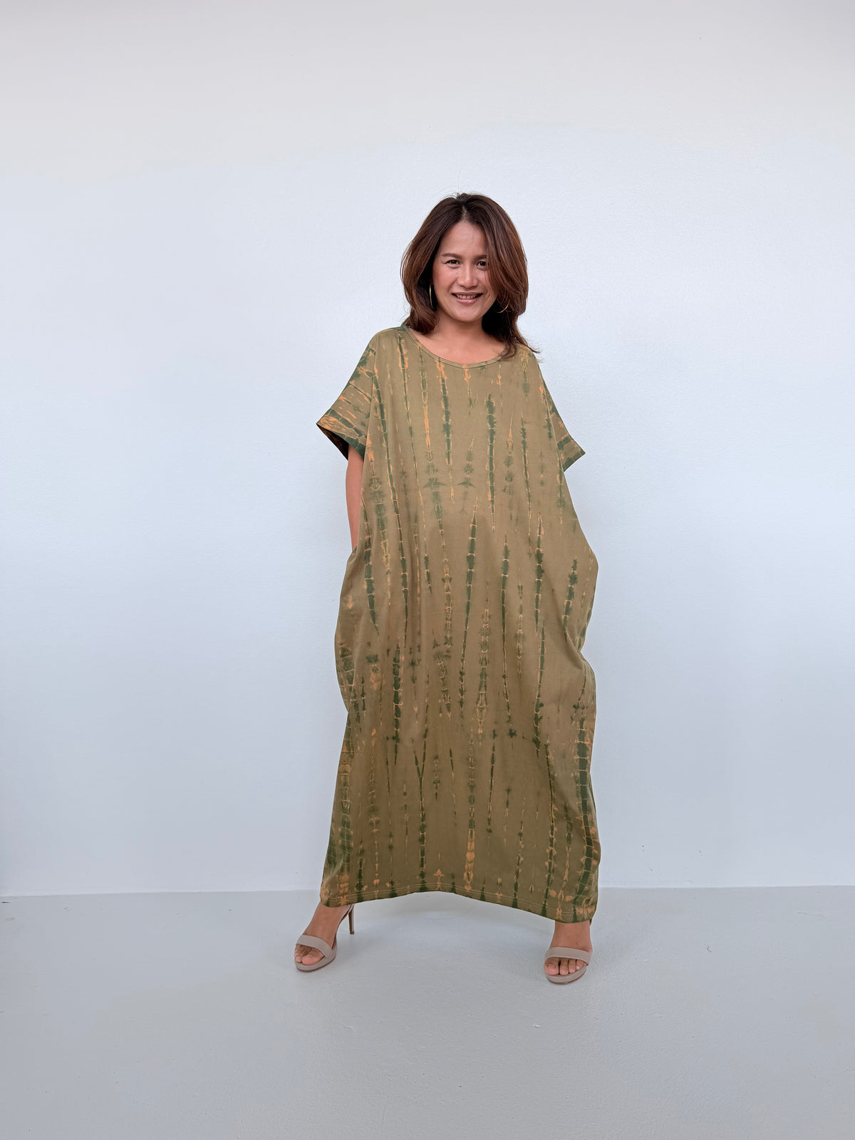 Mala Handworks Alice Jersey Cotton Kaftan in Olive Tie Dye
